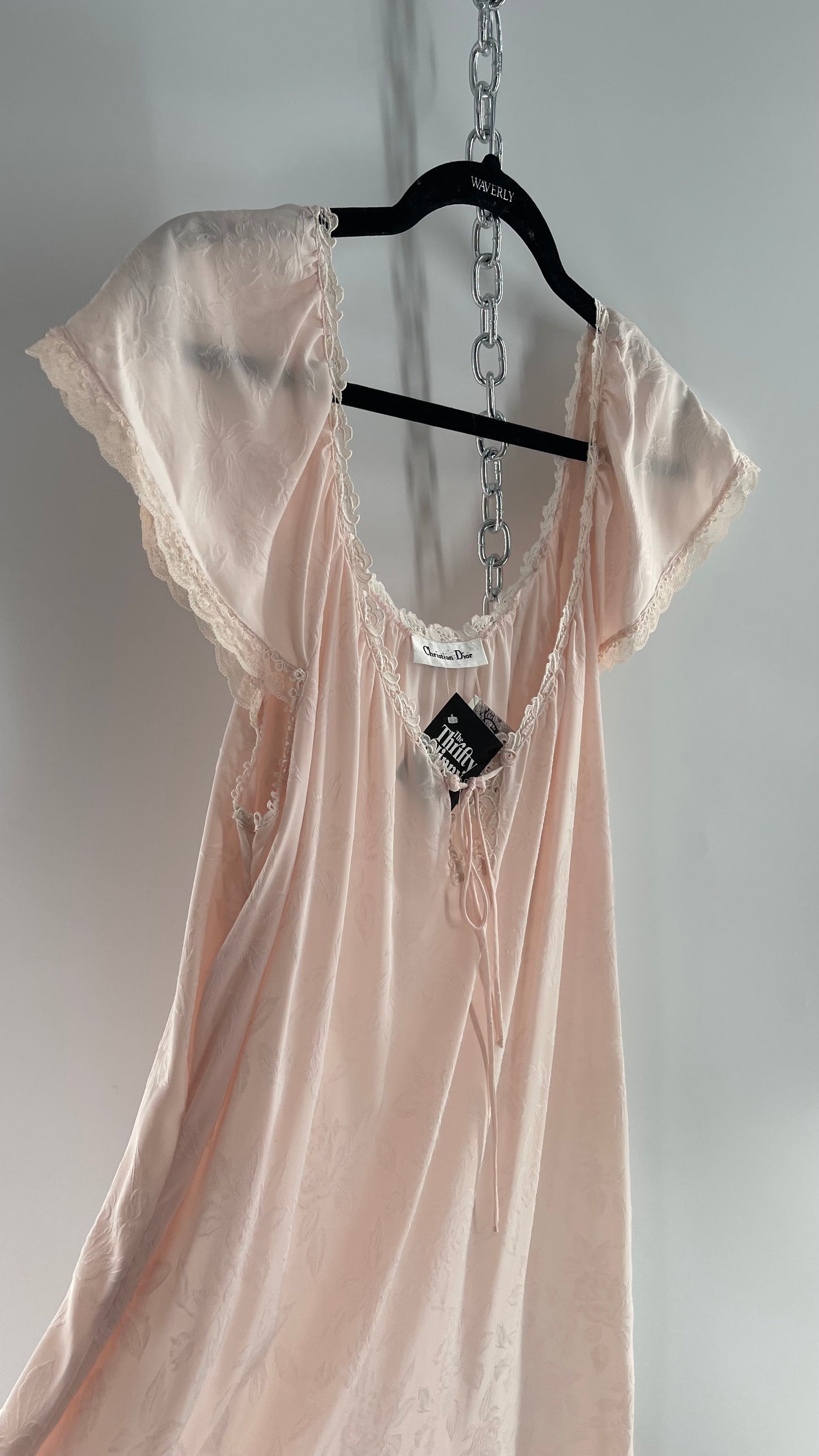 Vintage Christian Dior Pink Night Gown/ Maxi Dress with Floral Embossed Design, Lace Trim and Rosettes (Large)