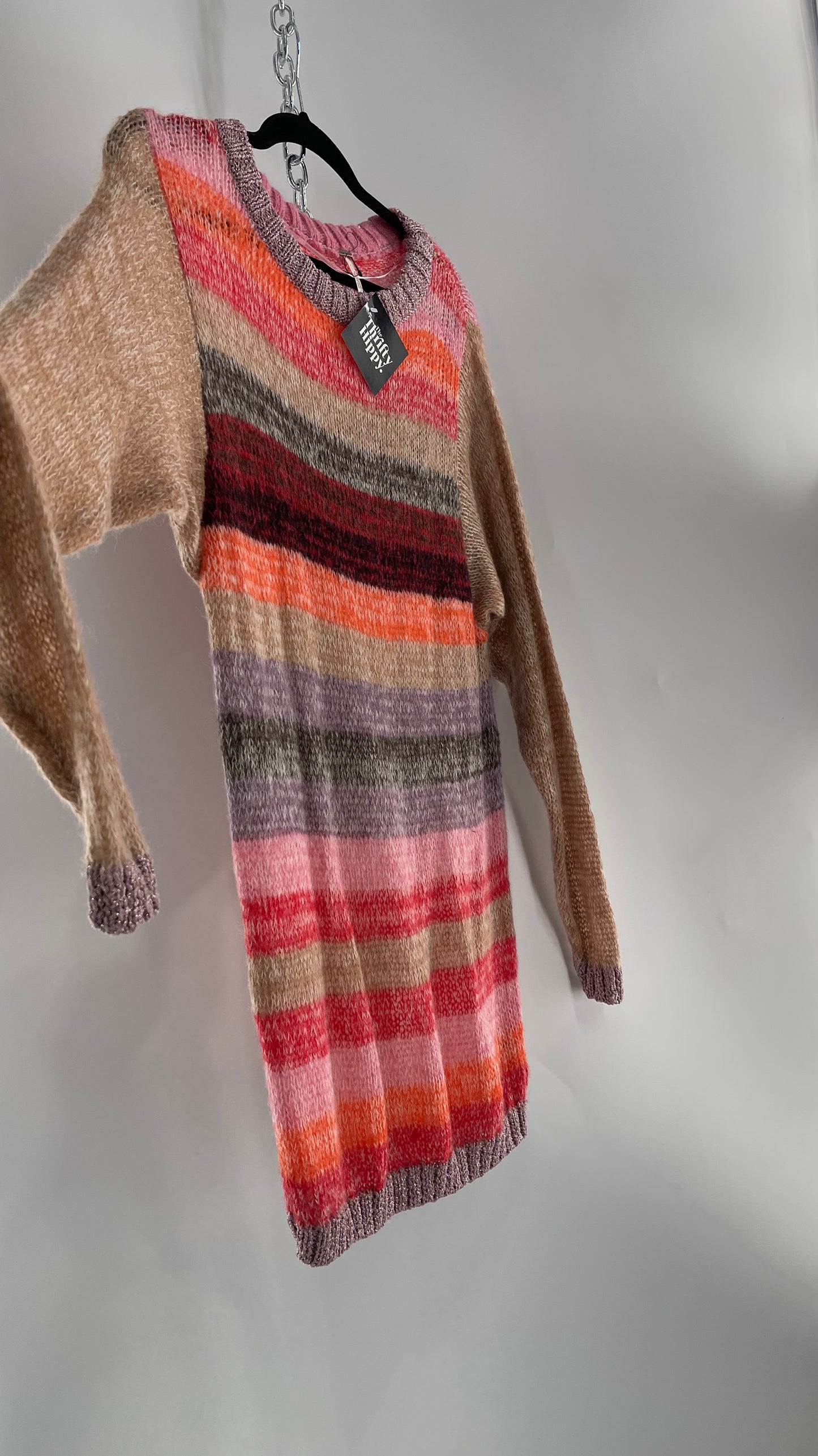 Free People Striped Sweater with Glitter Knit Cuffs and Collar (XS)