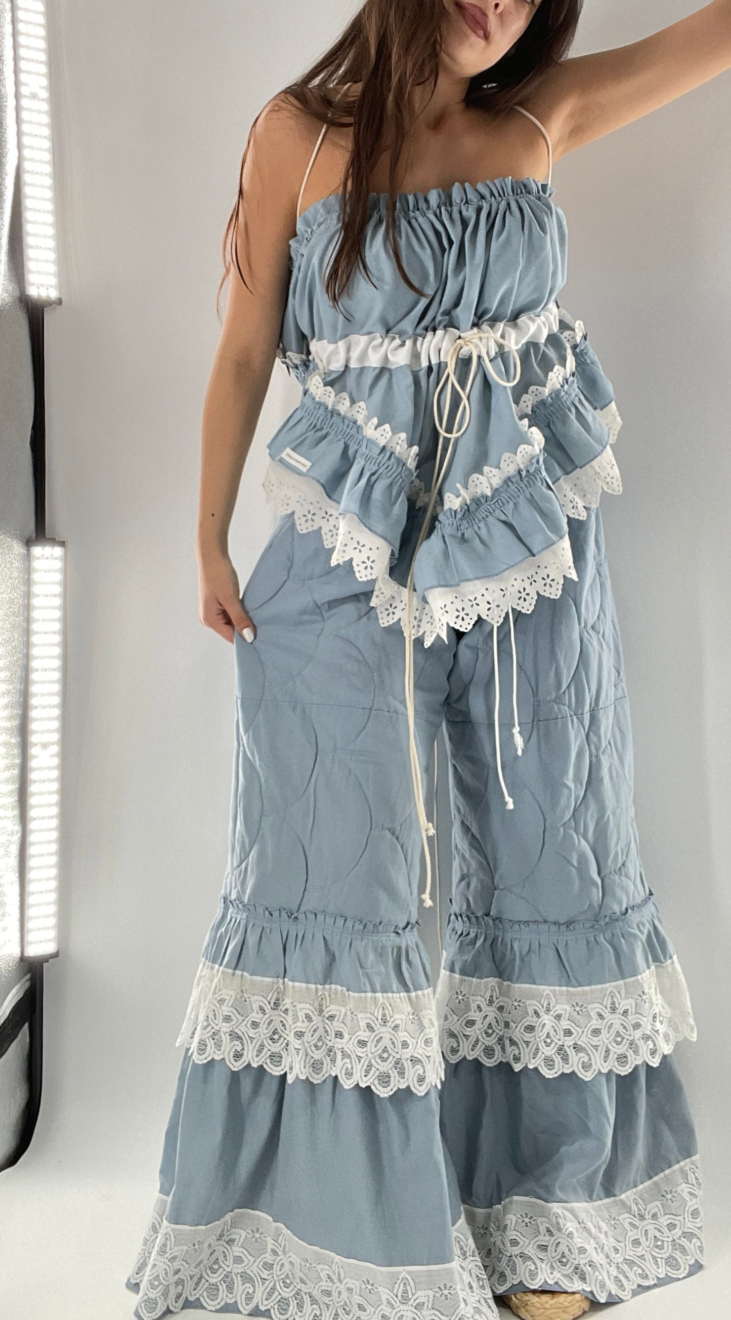 Vintage 2 Piece Powder Blue Set Featuring 2Way Blouse and Quilted Trousers Covered in Ruffles, Lace and Trim (One Size)