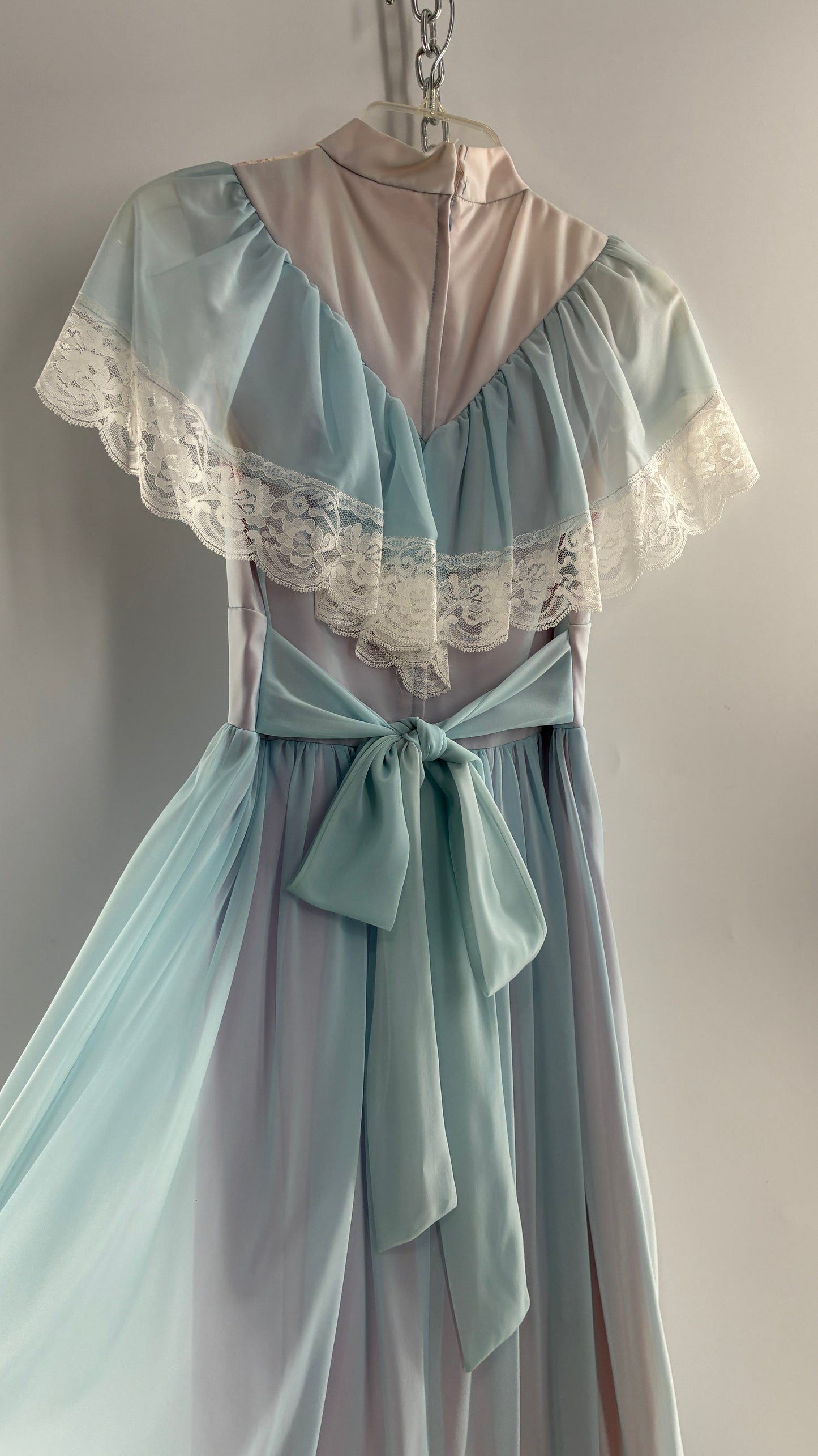 Vintage Handmade 1960s Powder Blue Overlay, Lilac Underlay Gown, Prairie Wedding Dress