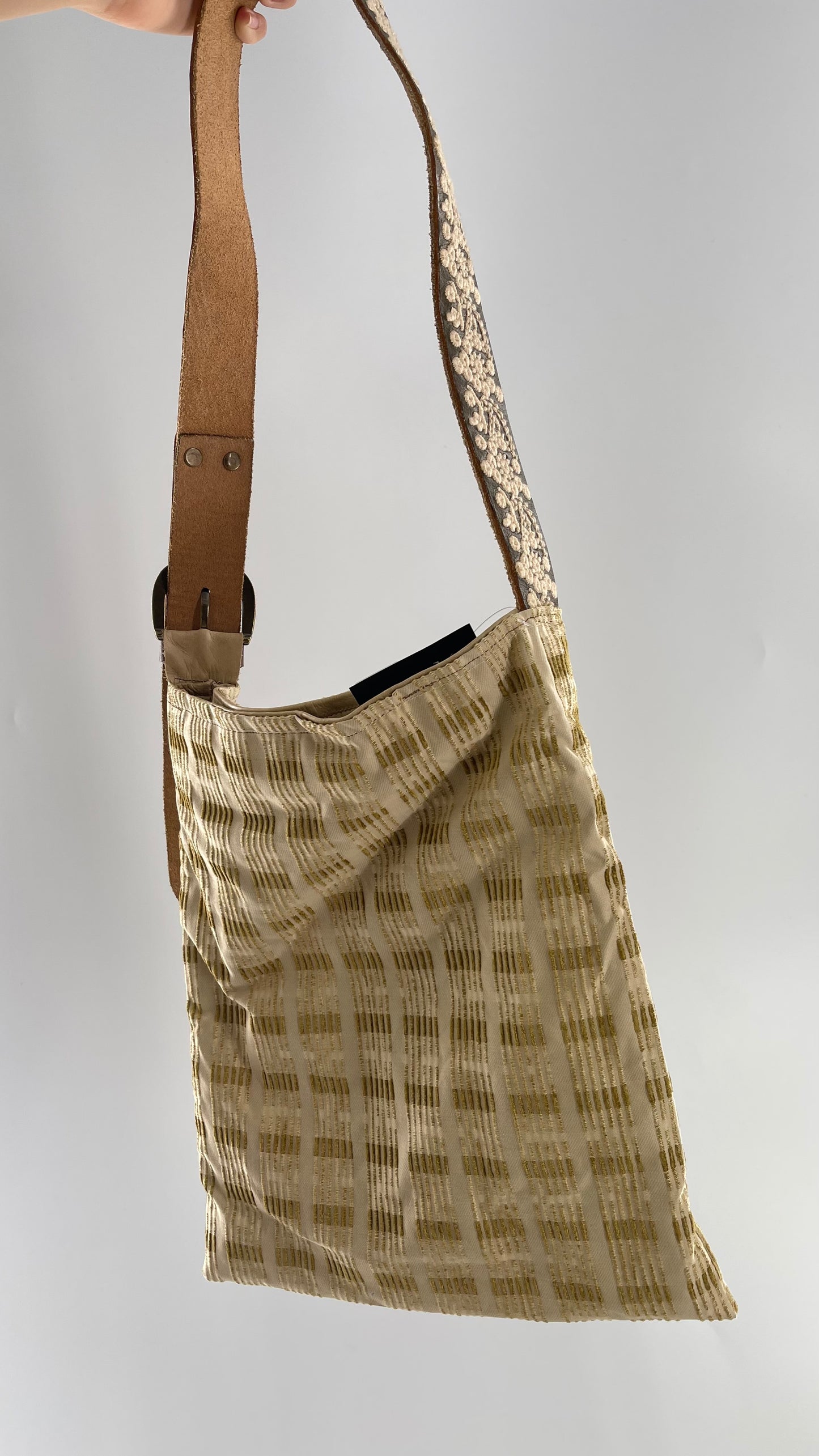 Tote with Embroidered Gold Exterior, Embroidered Leather Strap and Leather Interior - Shown Reversed