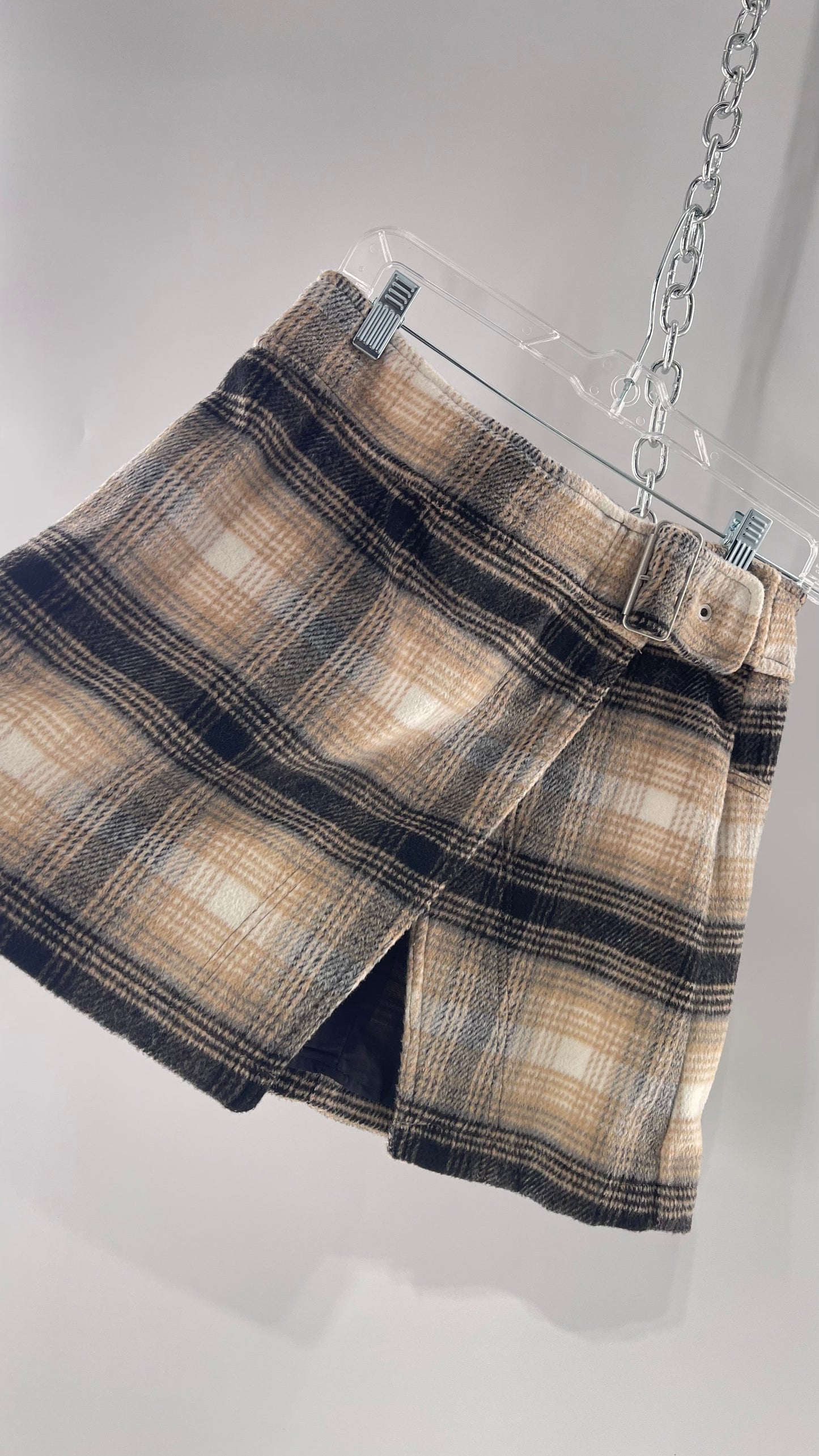 Free People Plaid Beige Gray Soft Mini Skirt with Side Slit and Built in Grommet Belt