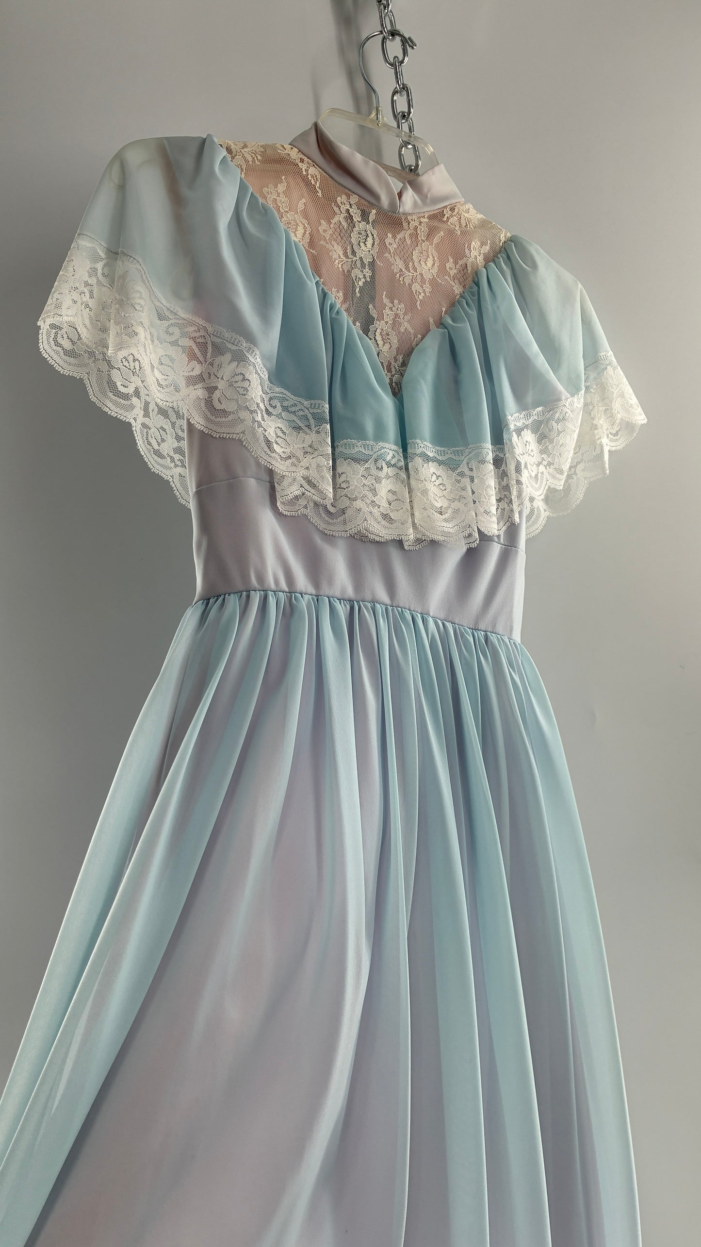 Vintage Handmade 1960s Powder Blue Overlay, Lilac Underlay Gown, Prairie Wedding Dress