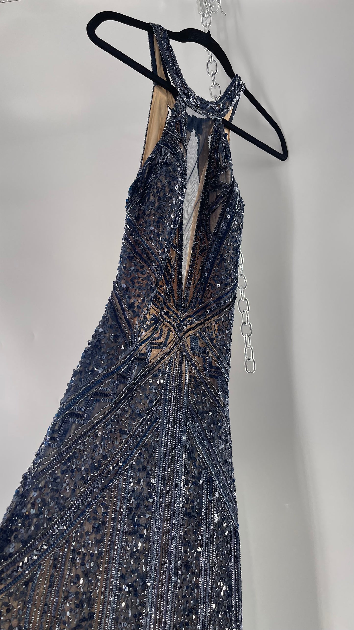 Vintage SCALA Navy Blue Beaded Floor Length Gown with Plunging Neckline, Backless Detail, and Tan Underlay (C)(4)