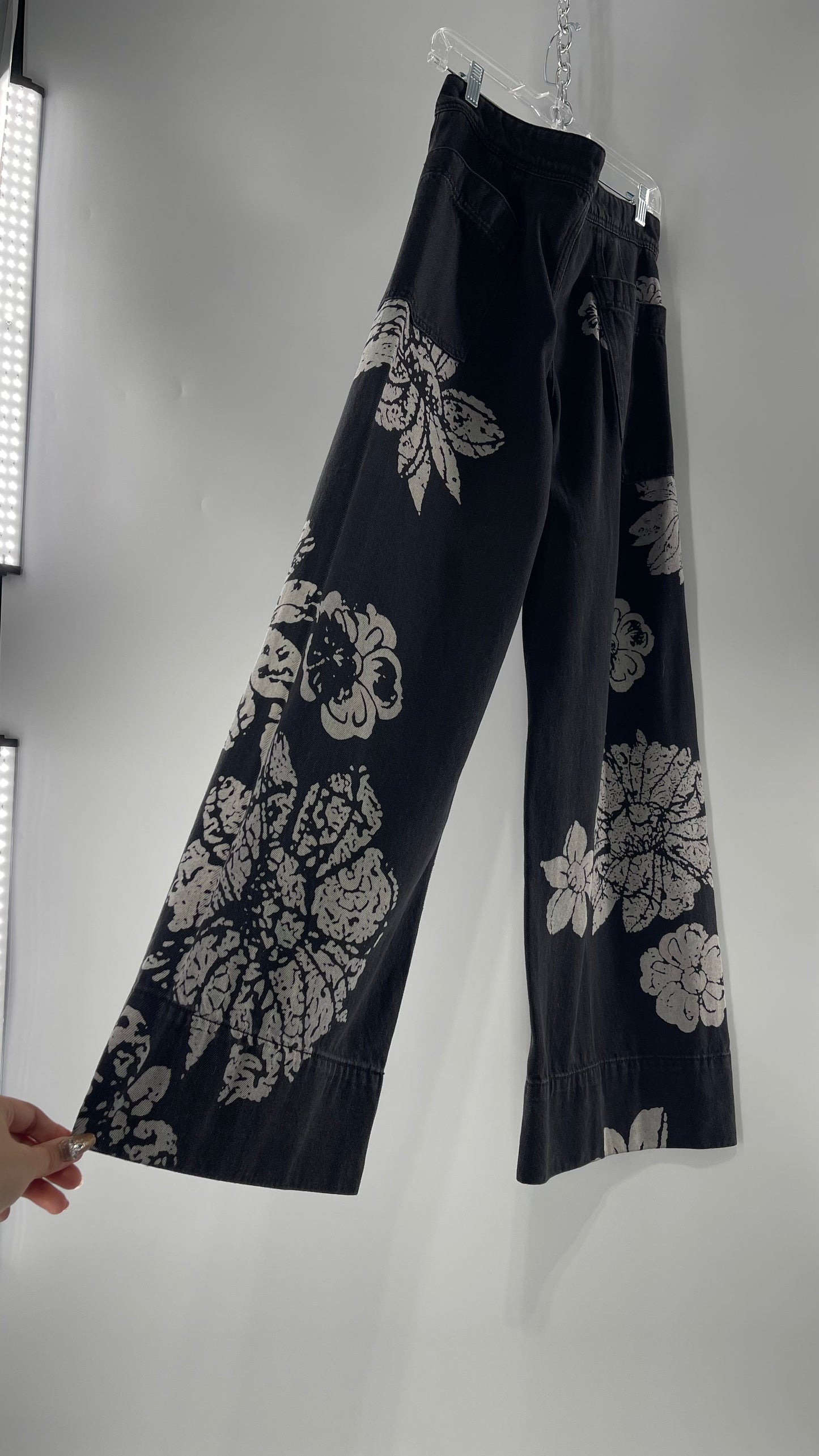 Free People Black Wide Leg Jeans with White Hibiscus Floral Design (29)