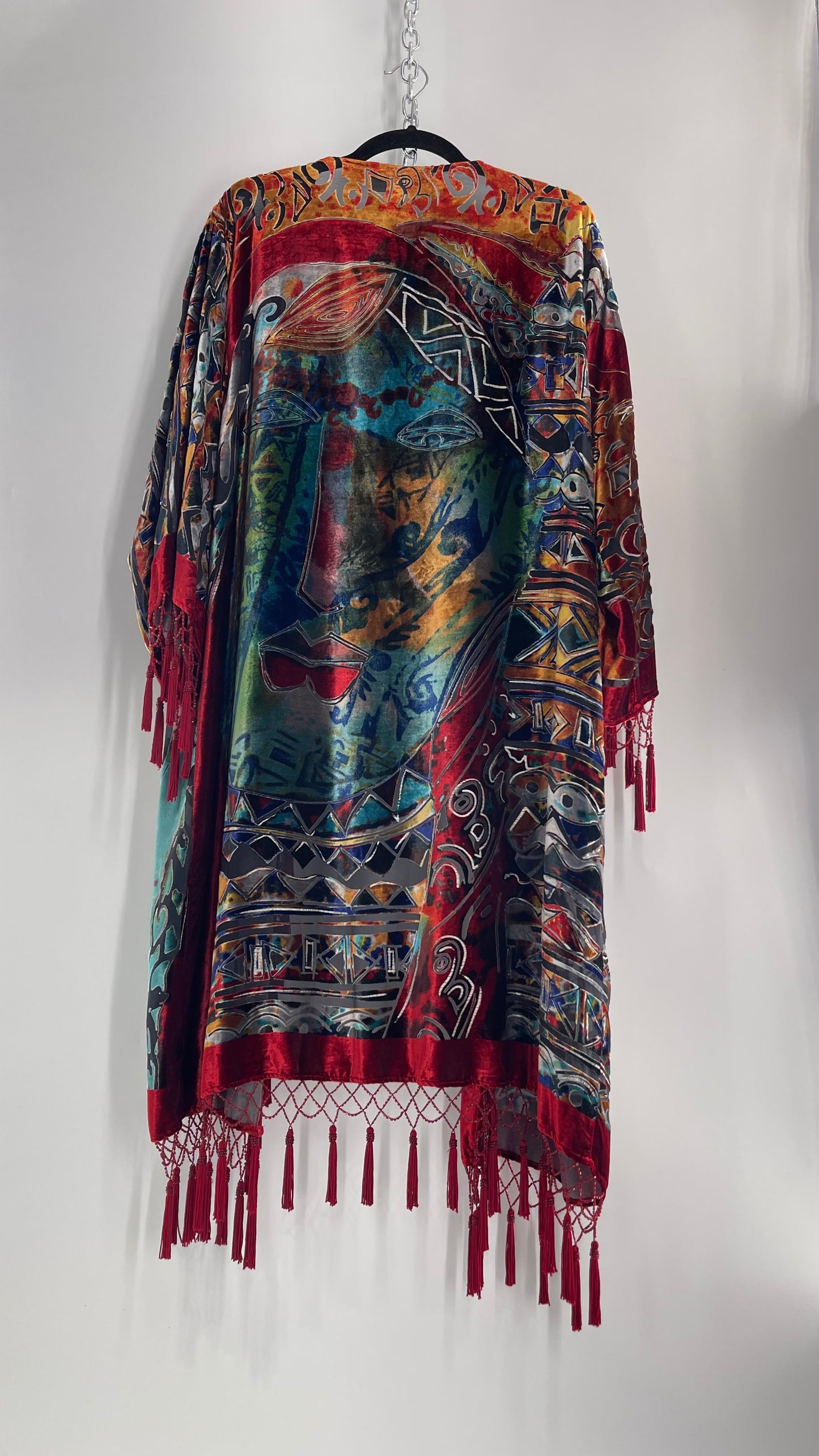 Vintage Burnout Buddhist Motif Velvet/Velour Beaded Fringe Duster Coat/Kimono with Tassel Sleeves and Hems (M/L)