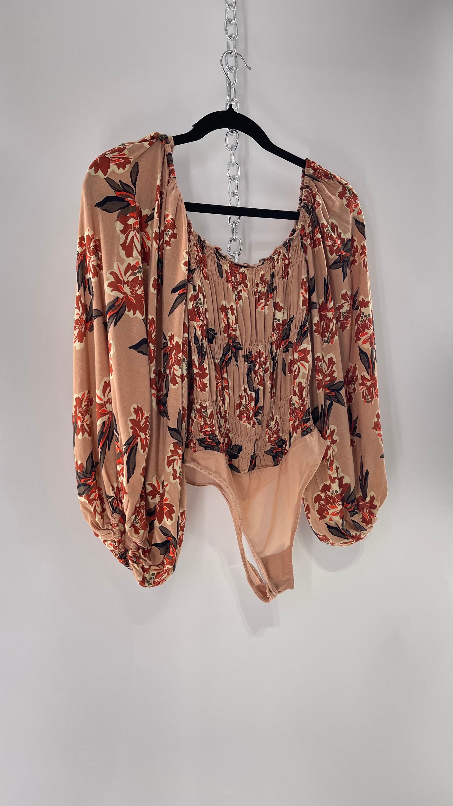 Free People Dusty Pink Smocked Floral Bodysuit with Dramatic Excessive Bubble Sleeves (XS)