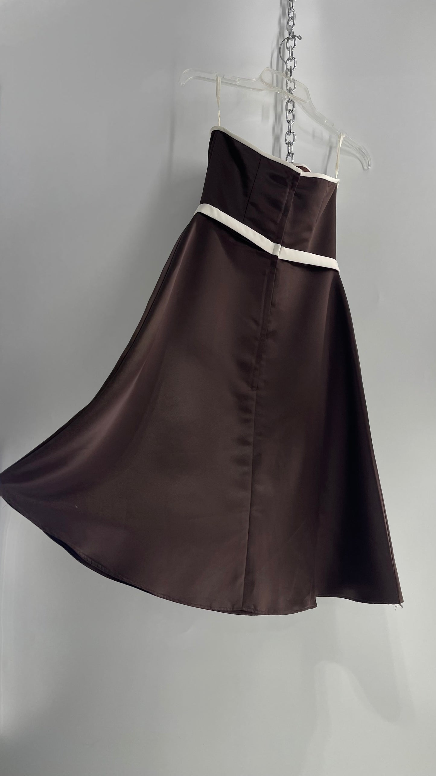 Vintage 90s Style Scott McClintock Dark Brown Satin A-Line Dress with Straight Bust Line (6)