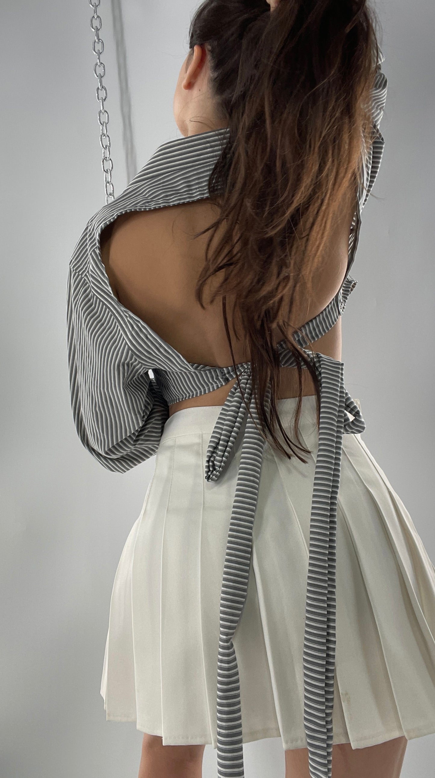 Vintage Reworked Button Front Backless Grey Blue Striped Blouse (One Size)