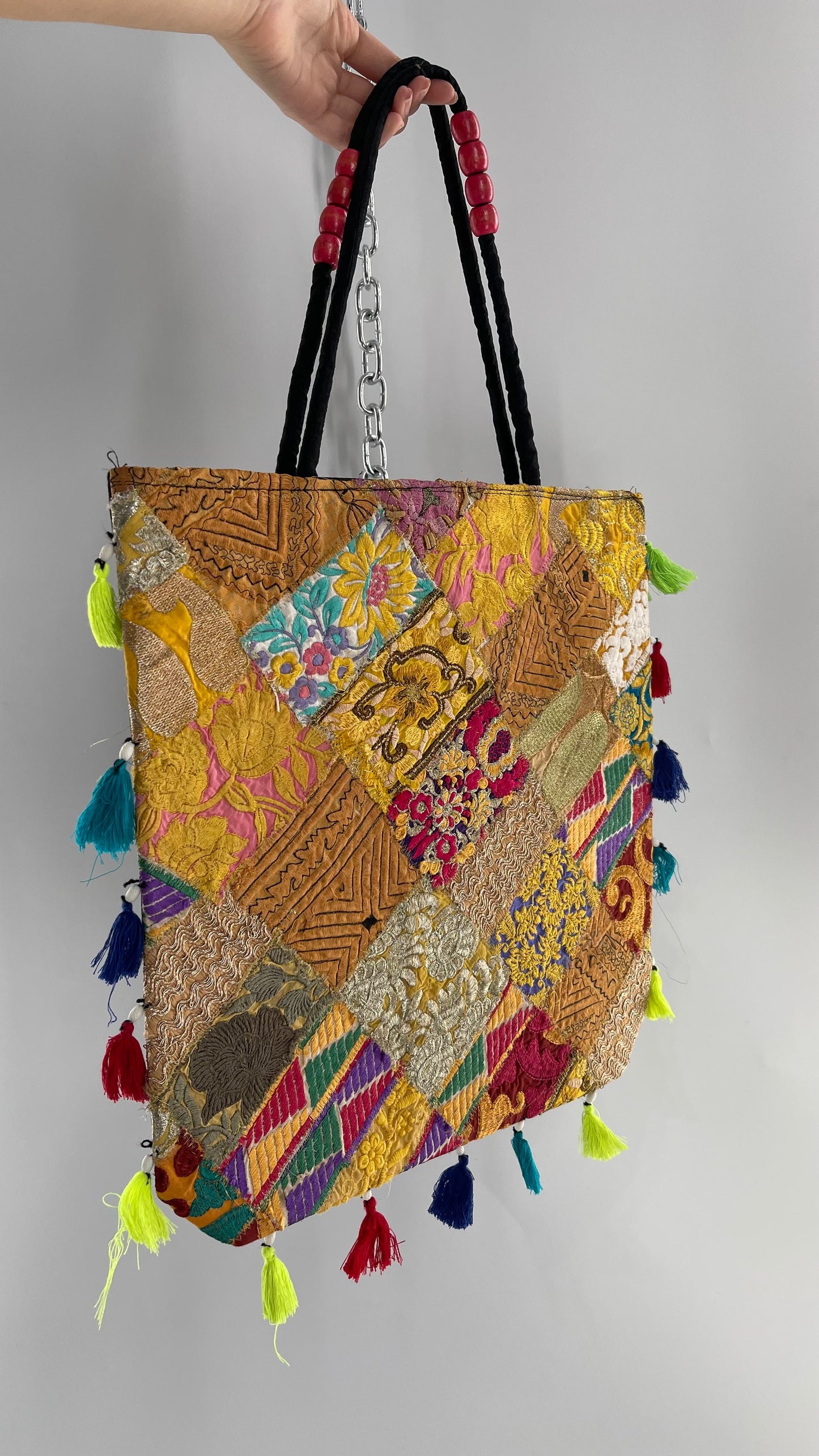 Imported Golden Yellow Patchwork Tote from Brazil with Tassel Detailing