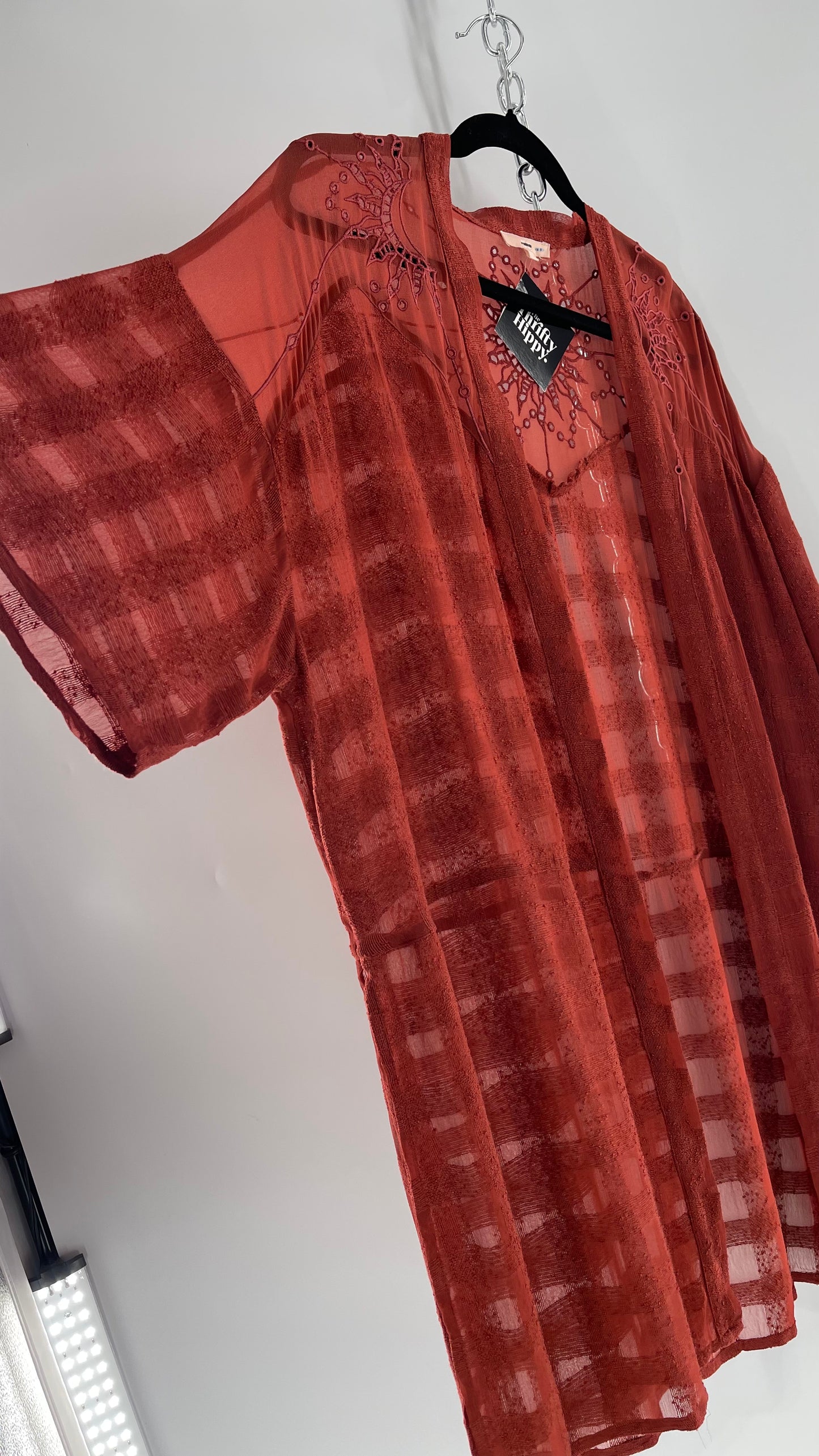 NFO Anthropologie Burnt Orange Cape With Embroidered Solstice Sun and Crescent Moon Designs (One Size)