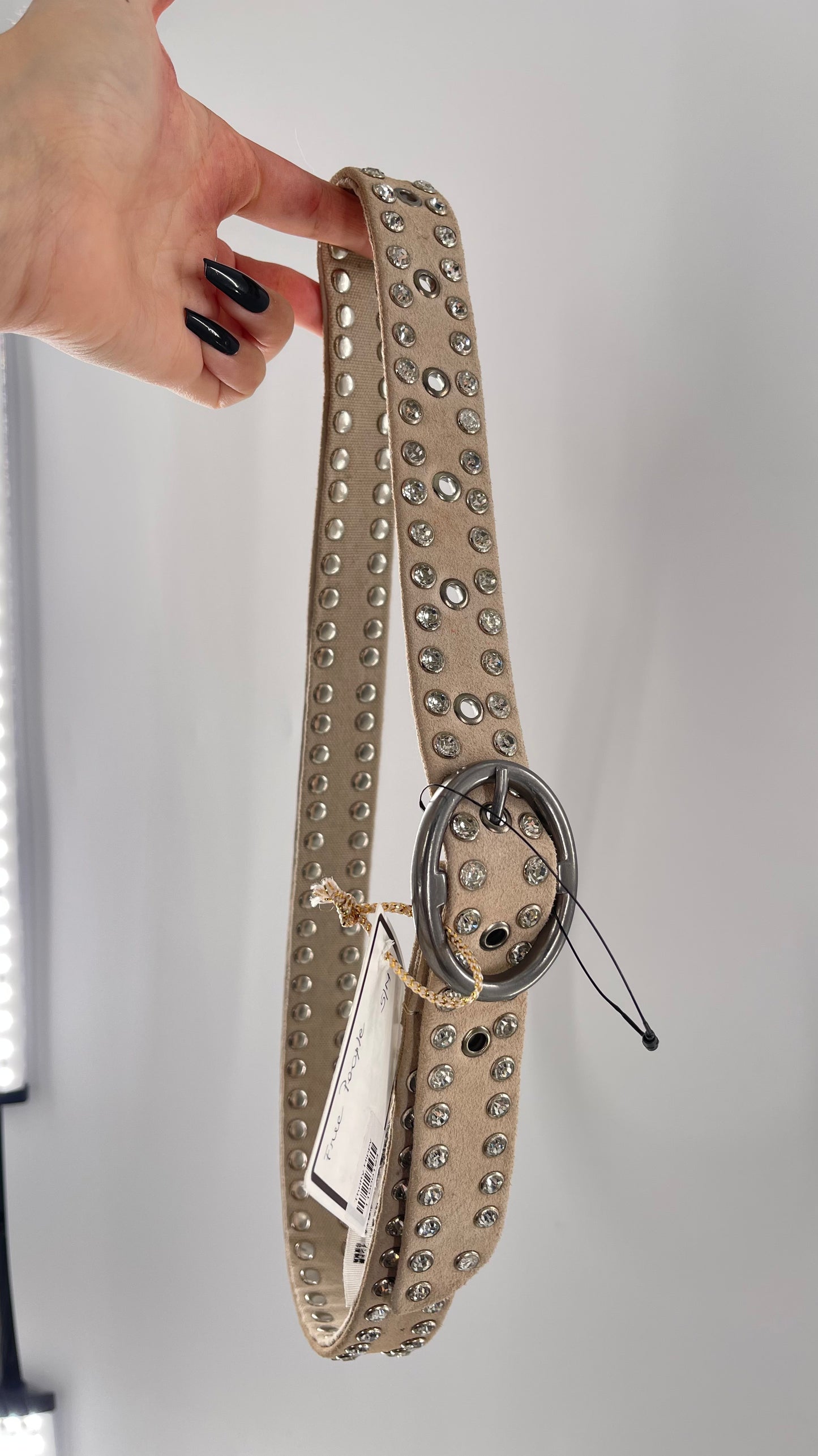 Free People Beige Leather Canvas Studded Rhinestone Crystal Studded Belt with Heavy Metal Buckle (S/M)