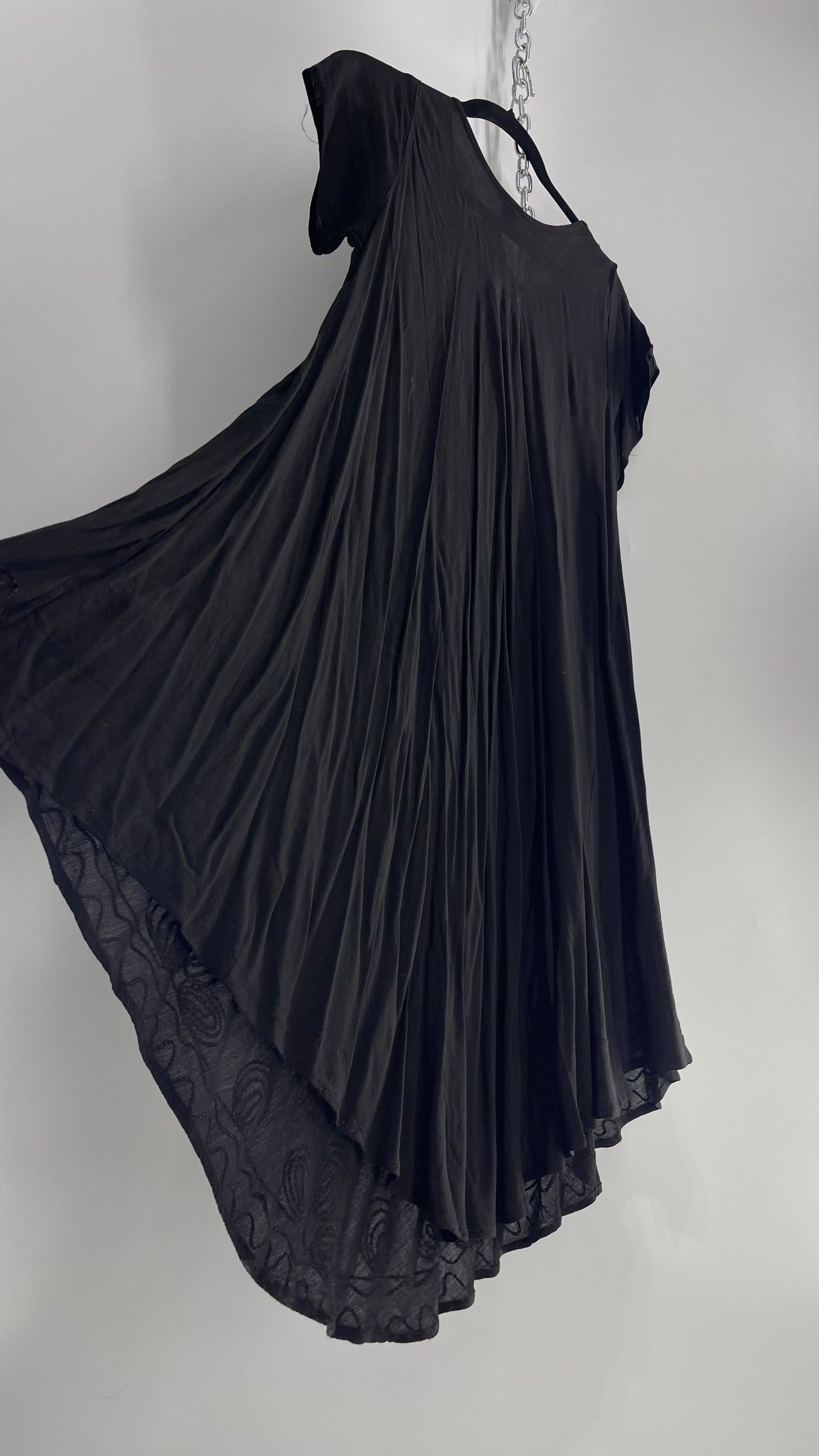 Vintage Voluminous Black Embroidered Goth Fairy Dress (Medium)