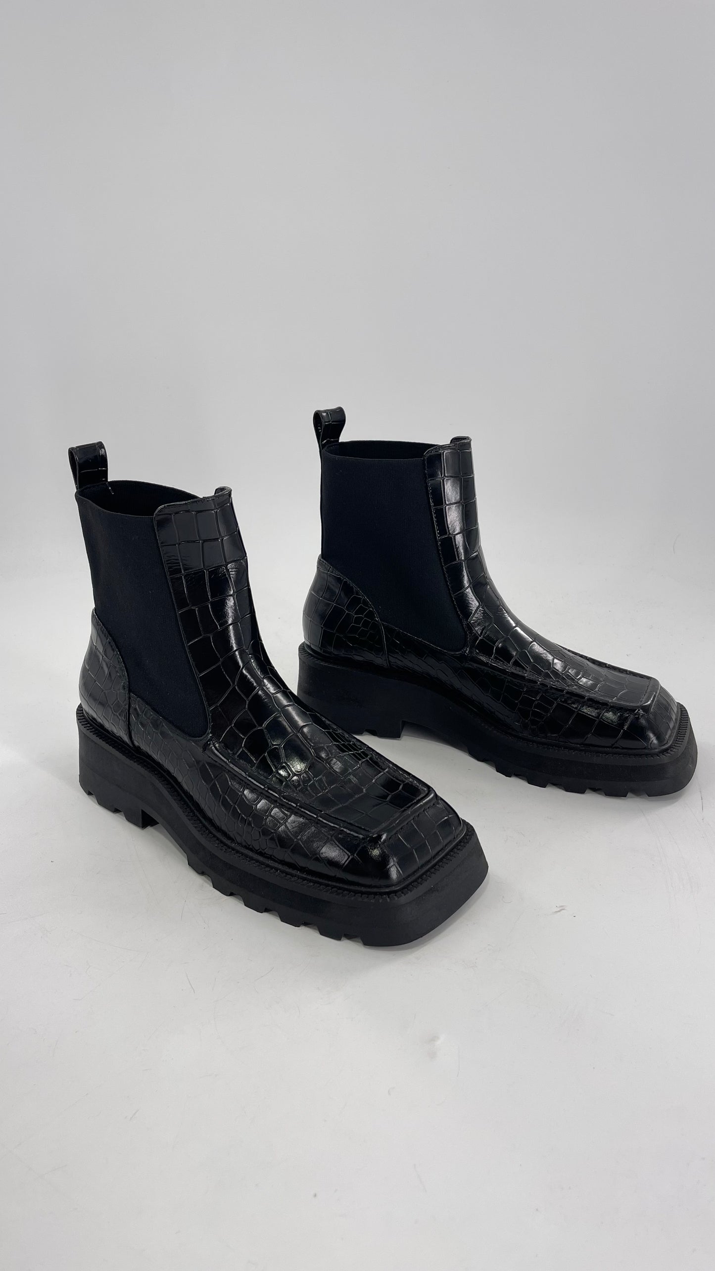 INTENTIONALLY Black Patent Crocodile Embossed Extreme Square Toe Boots (10)