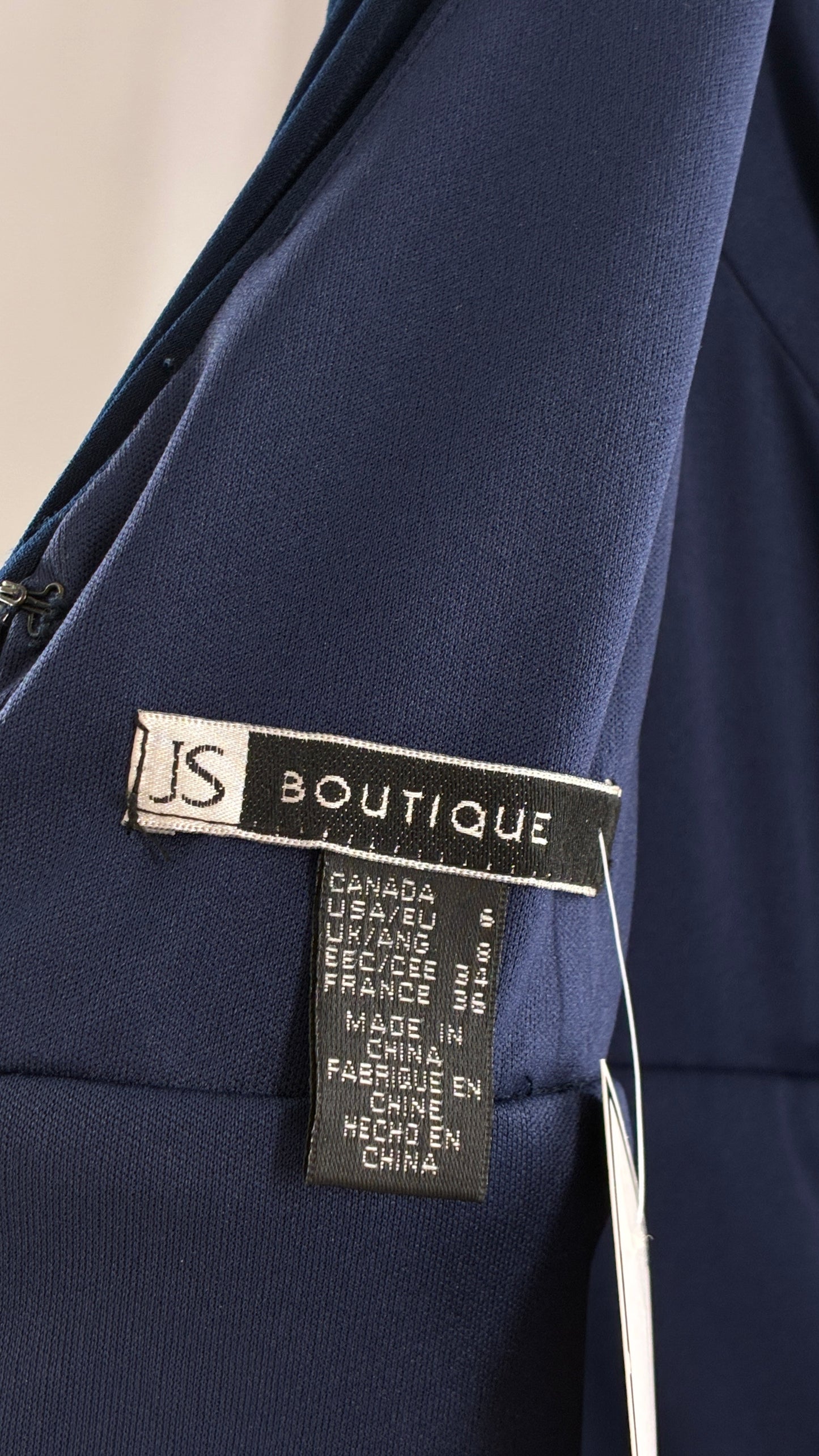 Vintage JS Boutique 1990s Navy Blue Chopped Handkerchief Hem, Beaded Underbust Panel and Pleated Bust (6)