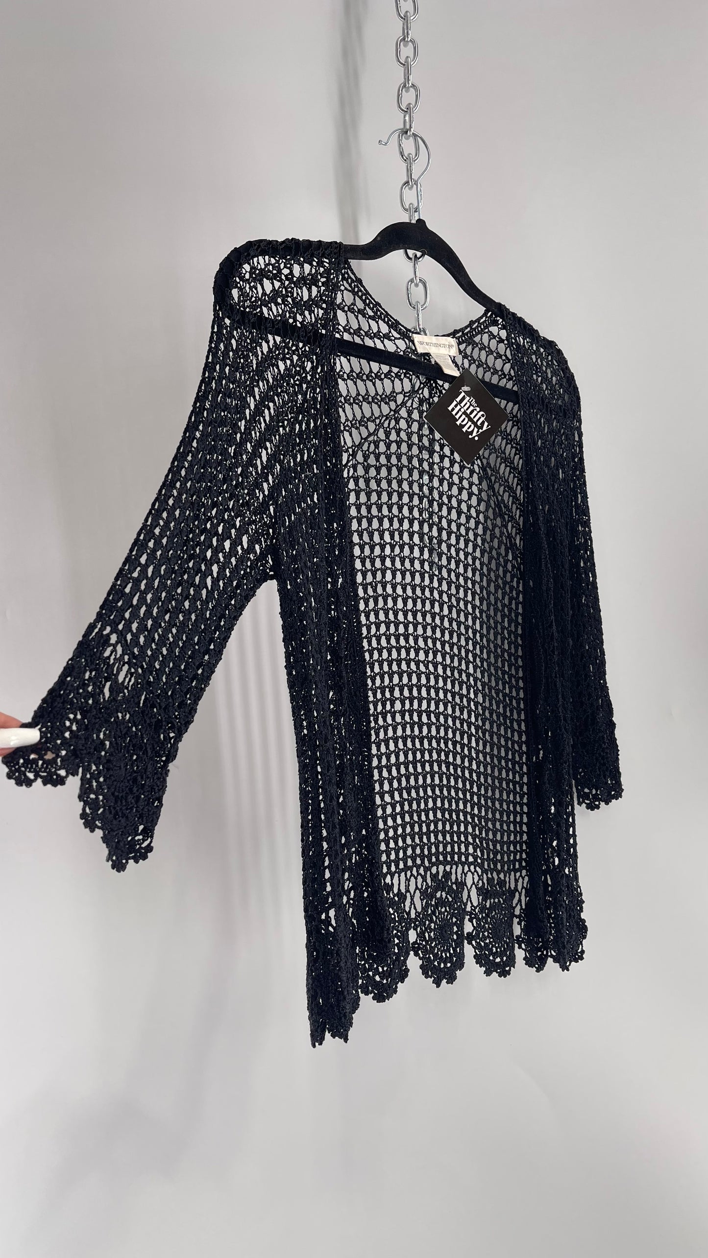 Vintage Black Crochet Slinky Top with Ribbon Bust Tie (XS)