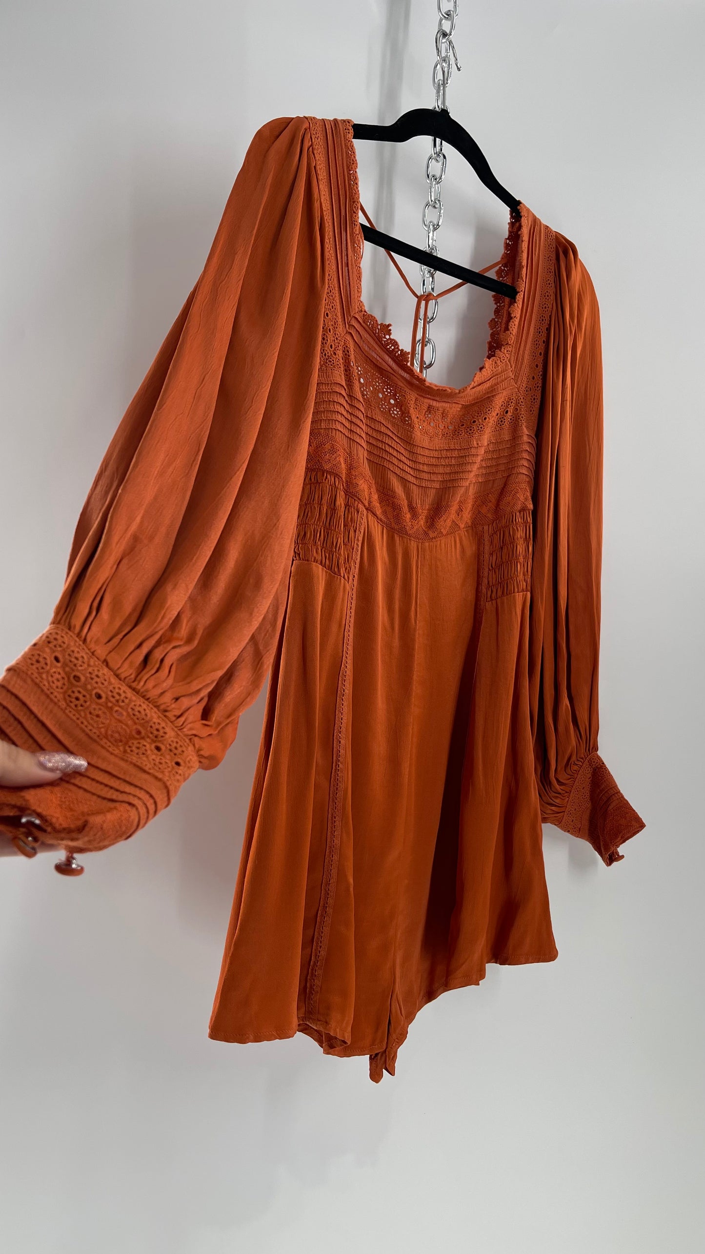 Free People Silky Orange Romper with Buttoned Sleeve Cuffs, Balloon Sleeves and Pleated Lace Bust (2)