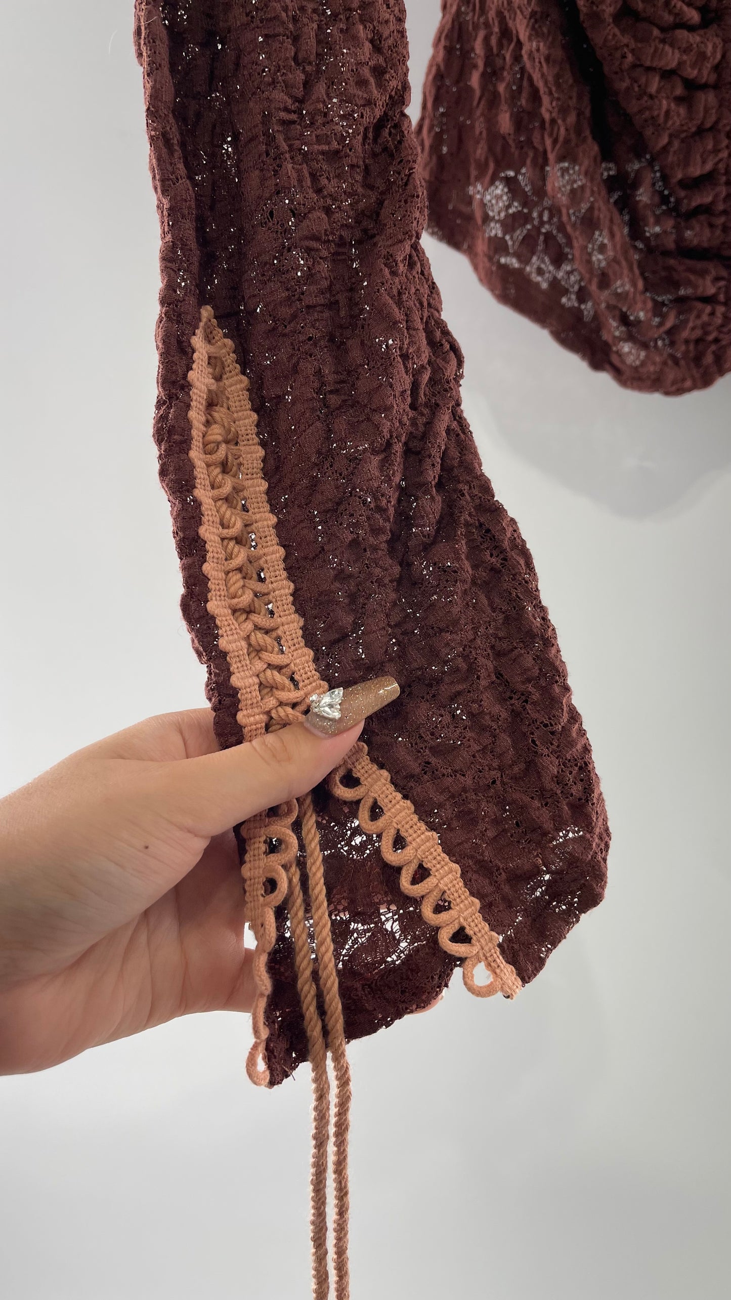 Free People Burgundy Lace Long Sleeve with Pink Lace Up Sleeve Detail (Medium)