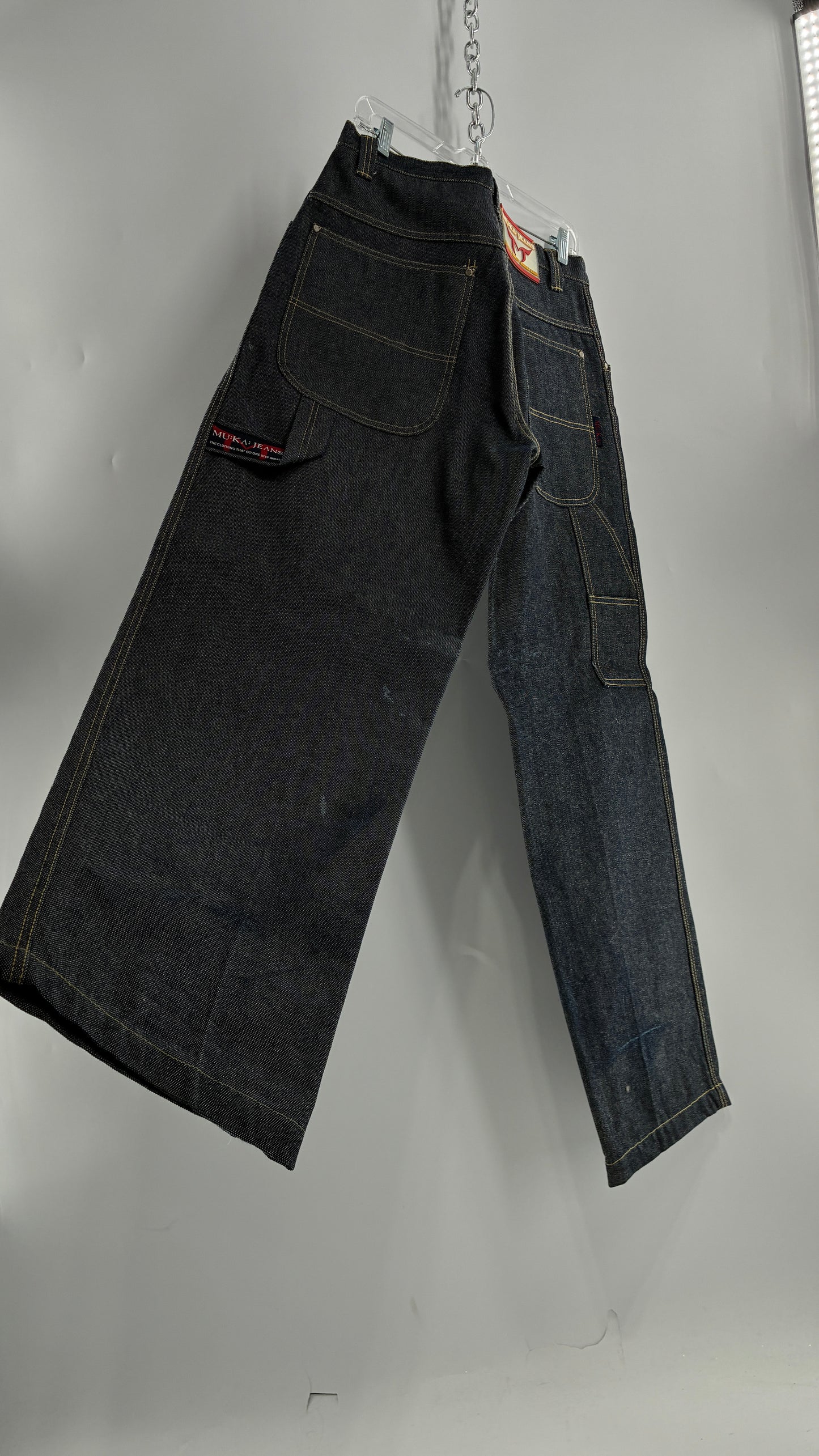 Vintage 1990s MU:KA: JEANS Men’s Dark Wash Japanese Style Denim Baggy Straight Legs and Oversized Jacket Set (L, 32x32)