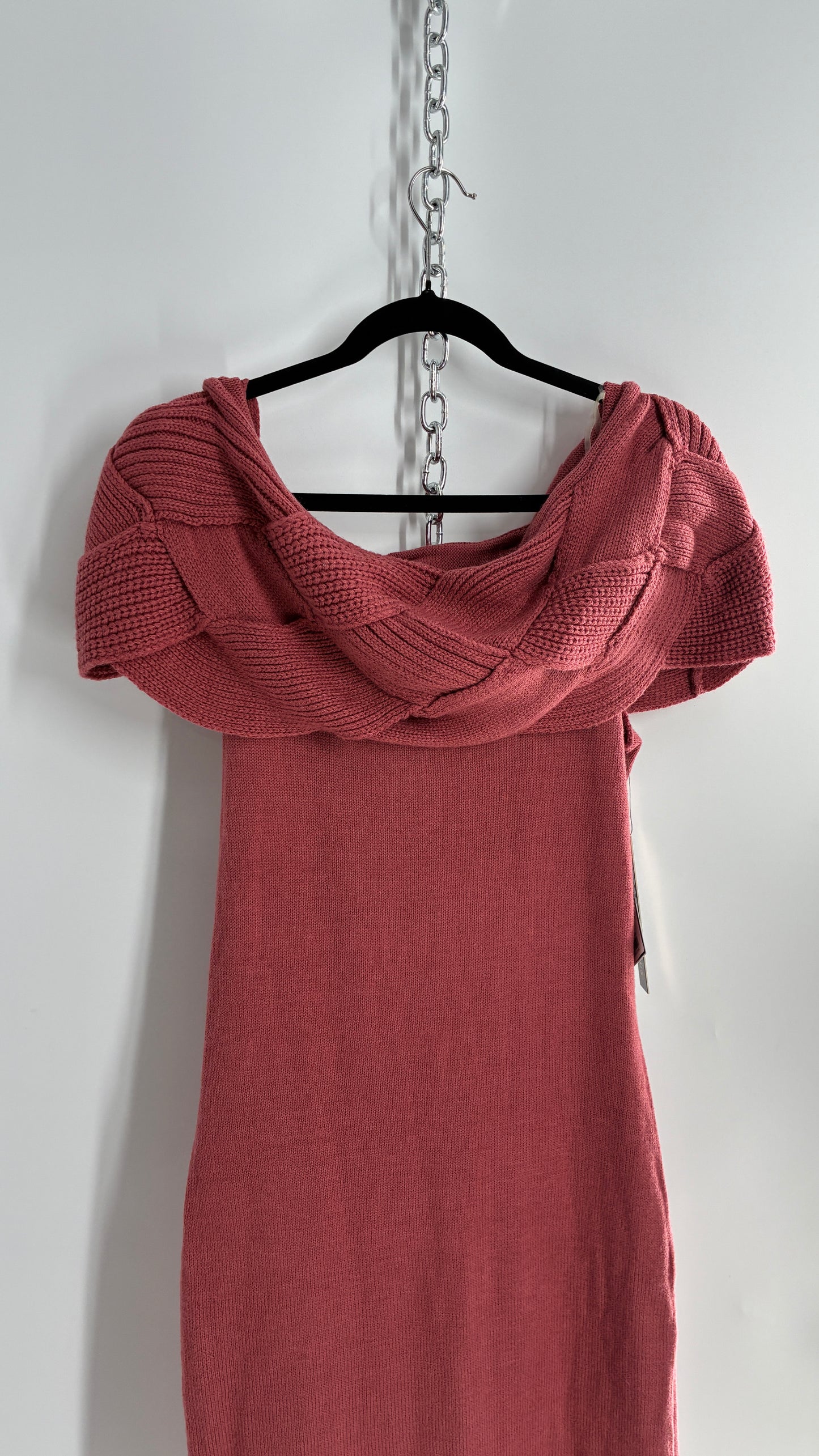 Vintage ALMOST FAMOUS Rosy Mauve Knit Dress with Woven Braided Off the Shoulder Detail and Tags Attached (Large)