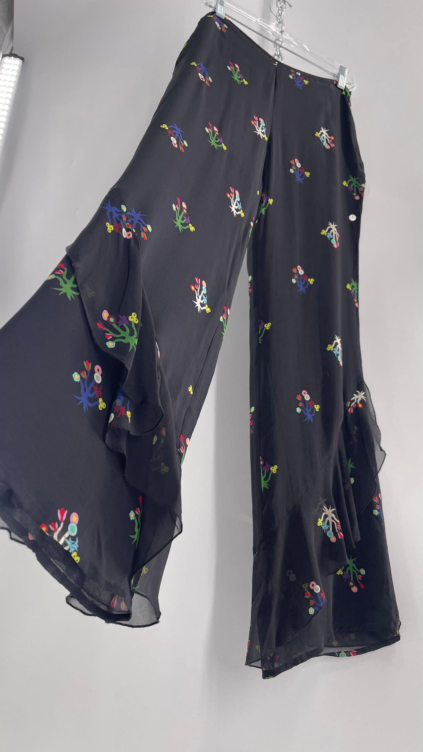 Cynthia Rowley Black Flared Pants with Colorful Abstract Florals, Dual Lining and Ruffle Trim (4)