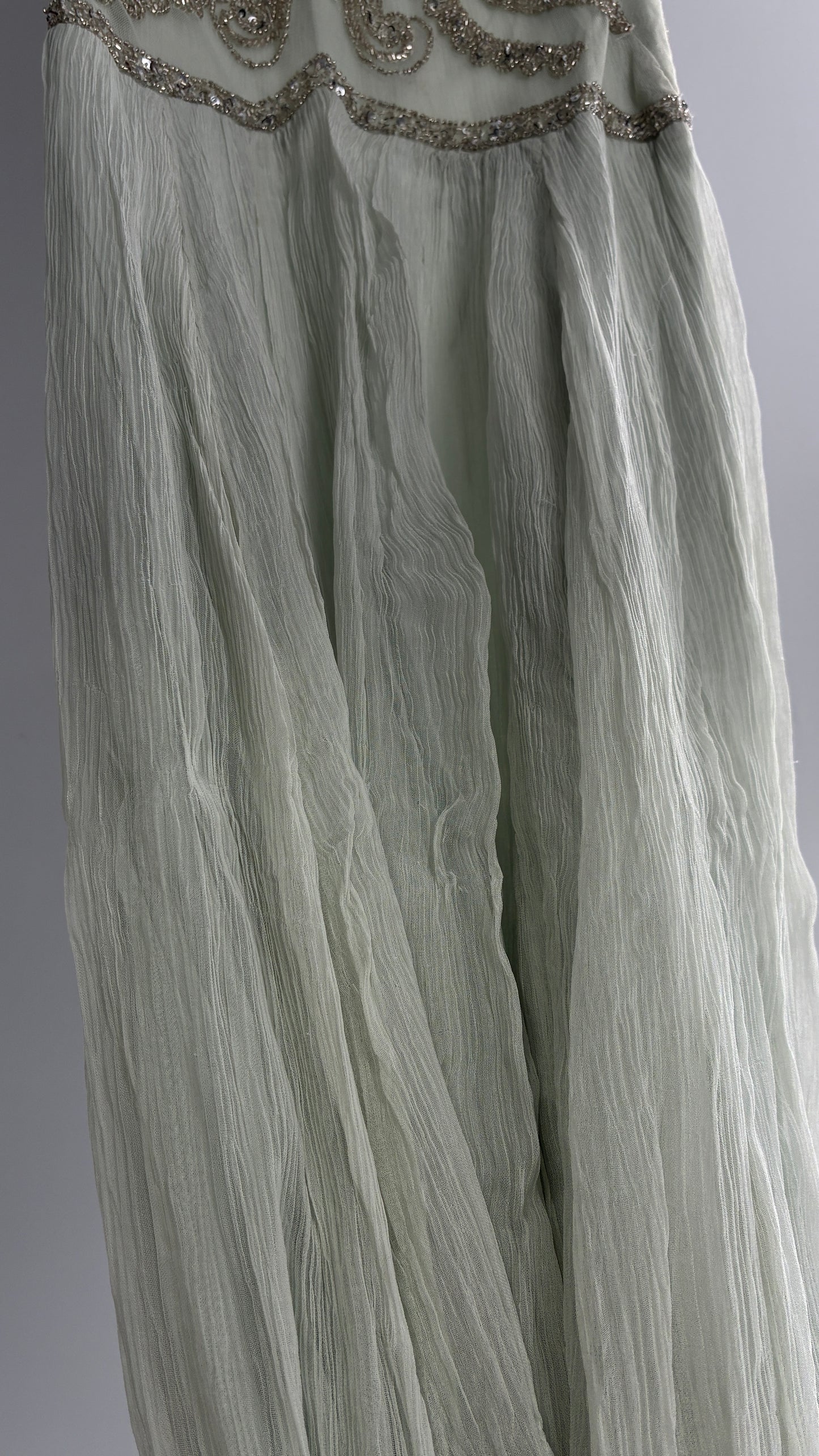 KIMCHI BLUE Light Greyish Seafoam Green Crimped Gown with Beaded Bodice and Sheer Back (2)