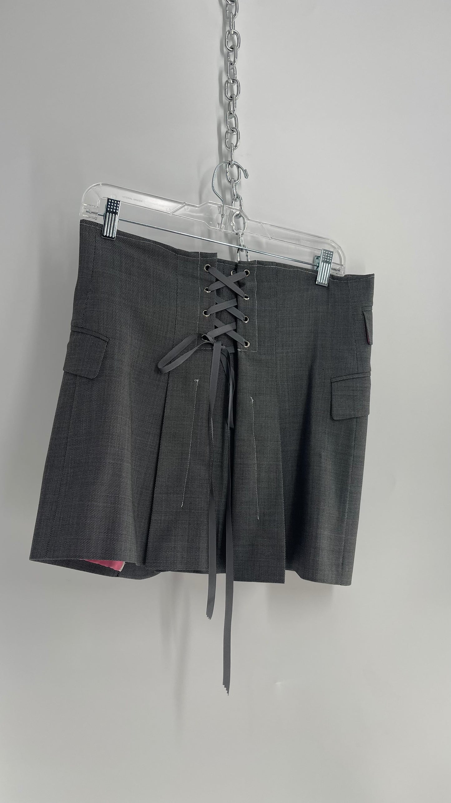 Custom Handmade Gray 2Piece Suit Set with Pink Satin Lining, Cropped Blazer, and Corseted Skirt (S-L)