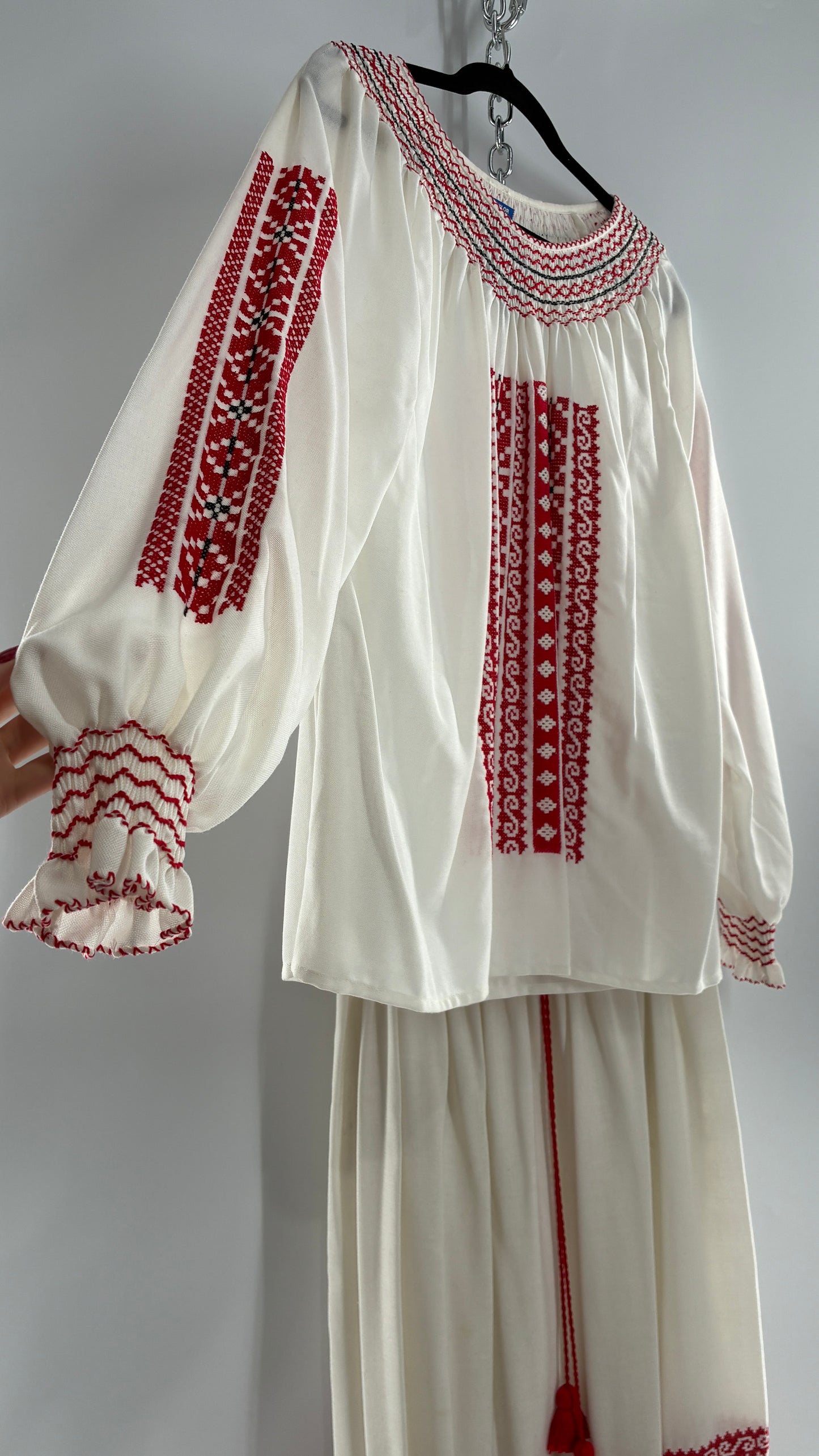 Vintage 1970s LUX FOLKLOR Budapest Handmade Cotton Long Sleeve and Skirt Covered in Red Embroidery and Stitching