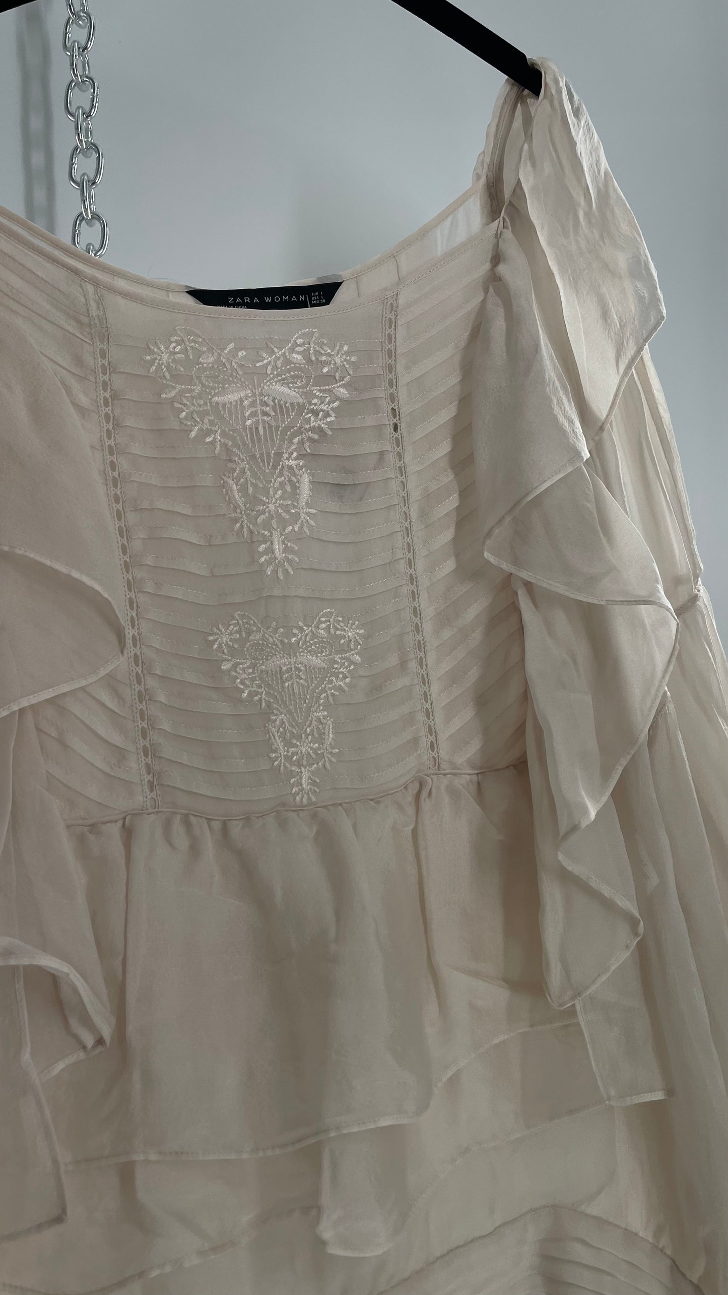ZARA Ruffled and Embroidered Bell Sleeve Blouse (Large)