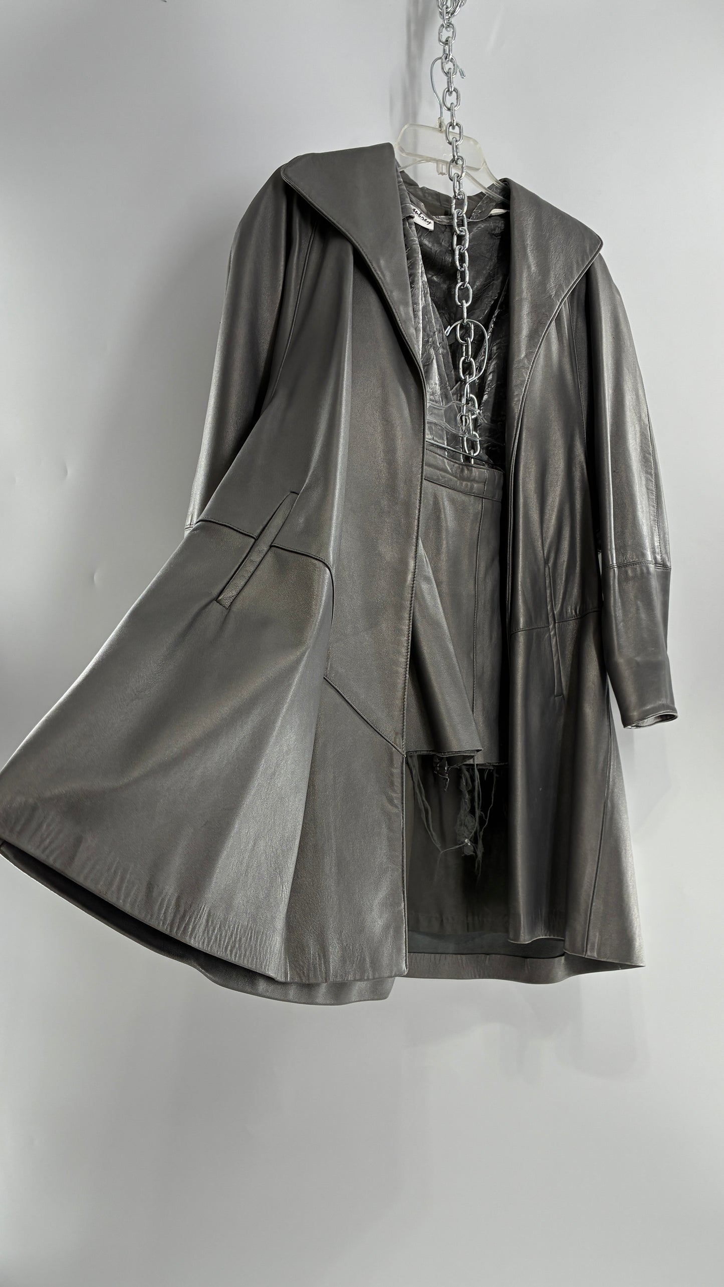 Vintage 1980s JUST PIERRE 3pc Metallic Silver Leather Trench Coat, Micro Mini Skirt and Sheer Blouse Set (S/M)