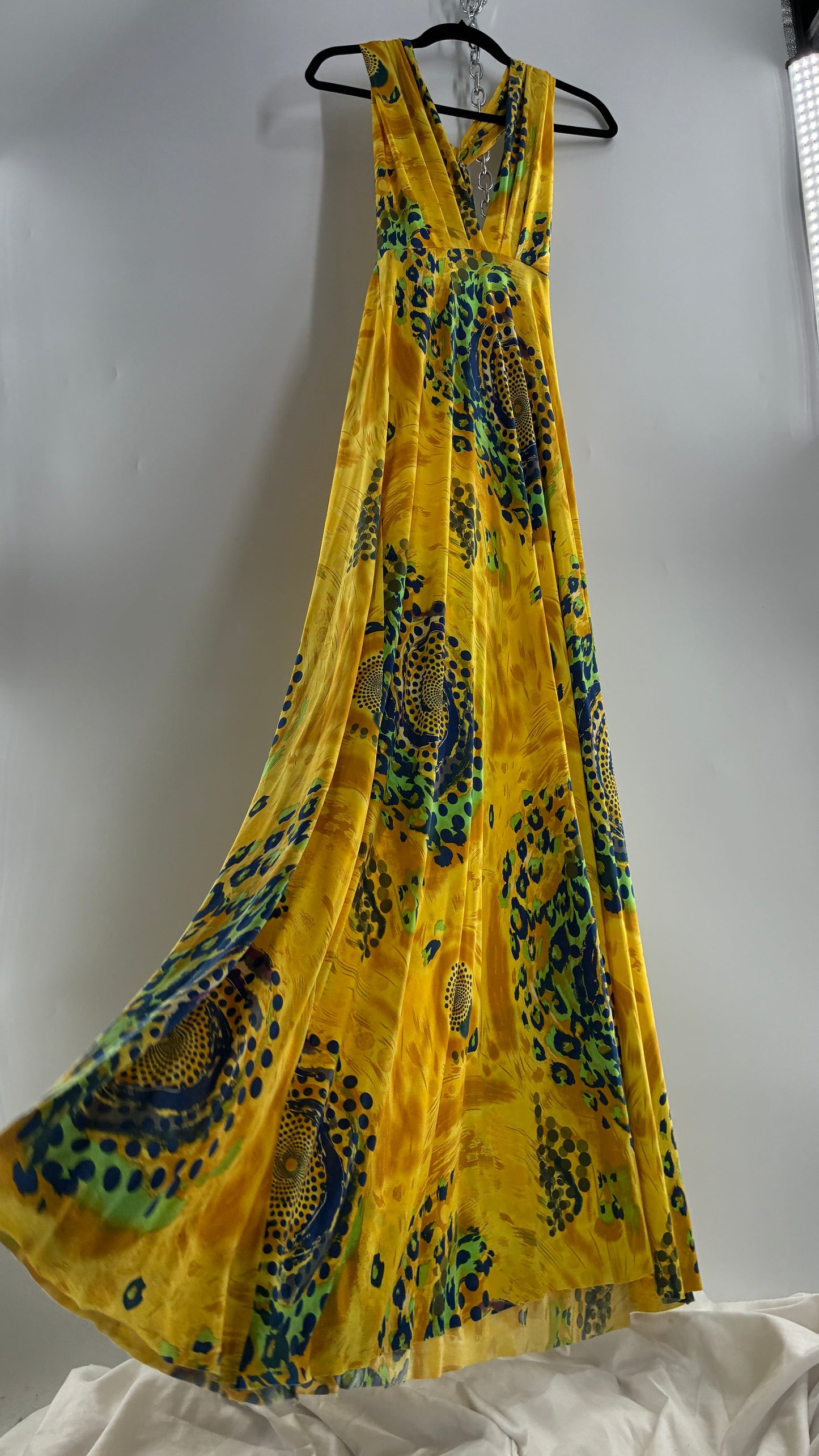 Vintage NARCISA LANG Lycra Full Length, Backless Yellow Dress with Graphic Pattern (XS/S)