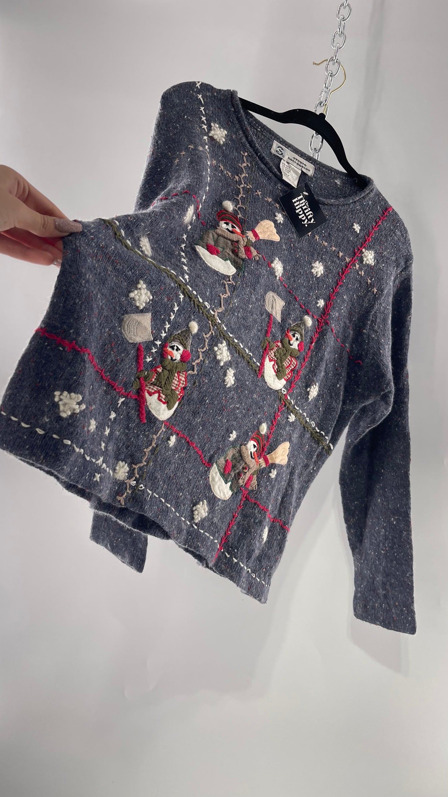 Vintage Urban Outfitters Christmas/Holiday Sweater with Festive Snowmen Snowflakes, and Contrast Stitch Detail (S)