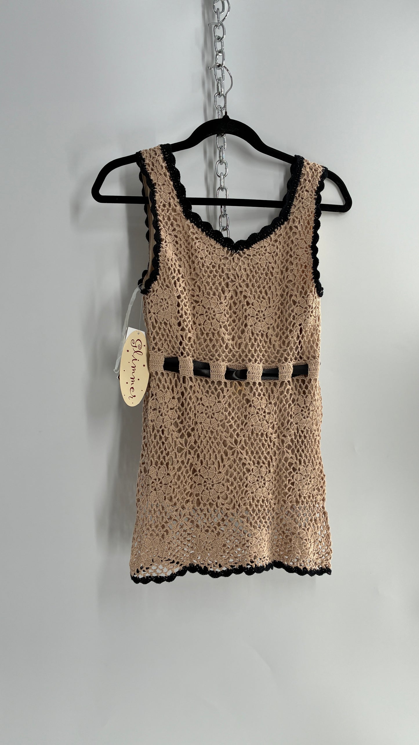 Deadstock Vintage GLIMMER Crochet Black Trim Long Tank with Black Satin Ribbon (Large)