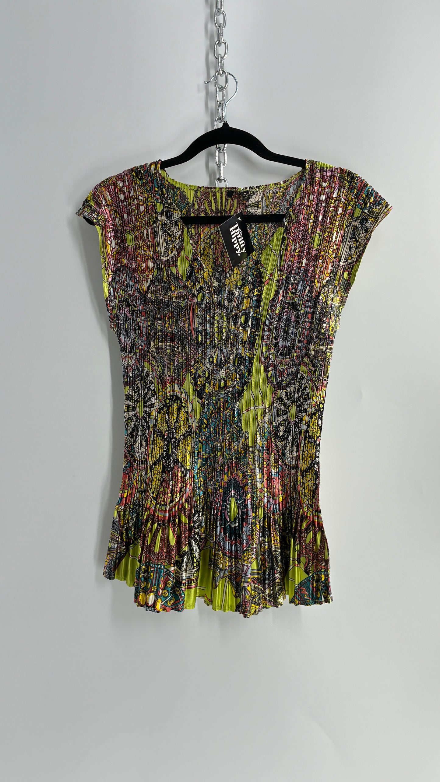 Vintage Fluted Crimped Lime Green Paisley Camisole (XL)