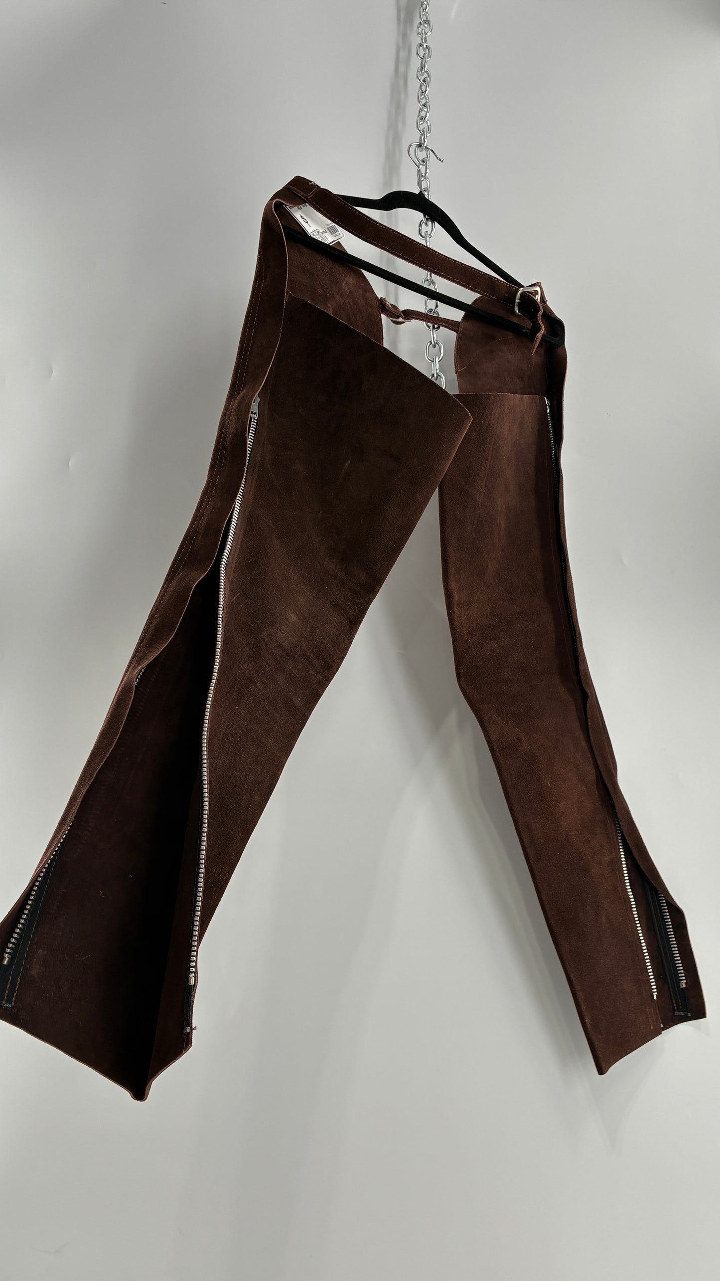 Vintage Chocolate Brown Genuine Suede Leather Chaps with Heavy Duty Side Zipper Detail (XS)