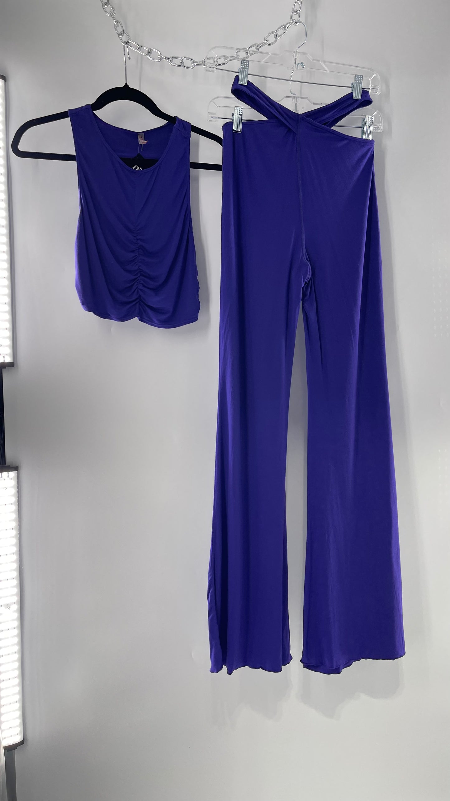 Free People 2 Piece Cobalt Purple Ruched Tank+ Cut Out Hip Strap Detail Flared Bottoms Set (Small)