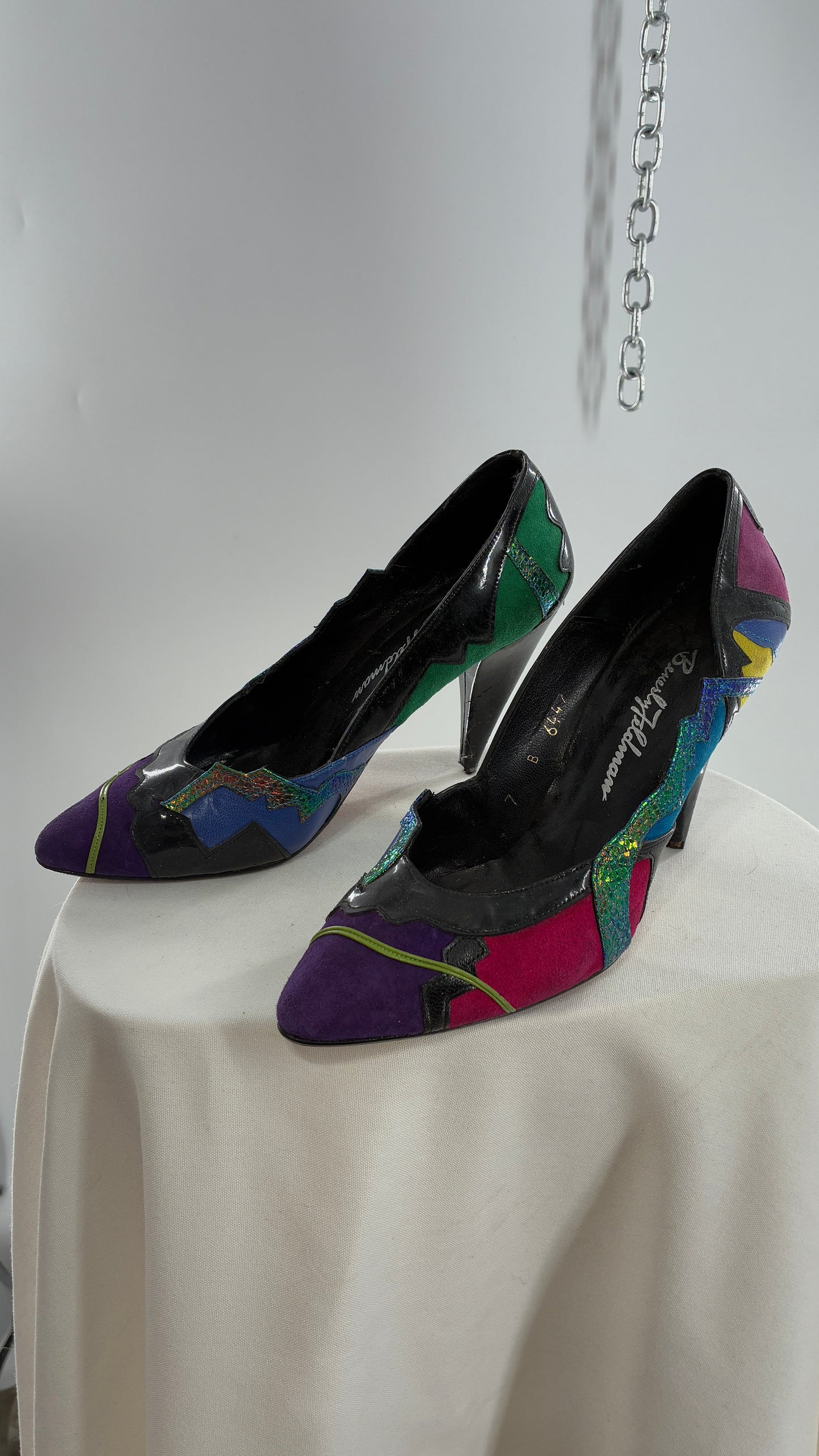 Vintage Beverly Feldman 1980s Retro, Abstract, Color Block and Iridescent Curved Heels (7)