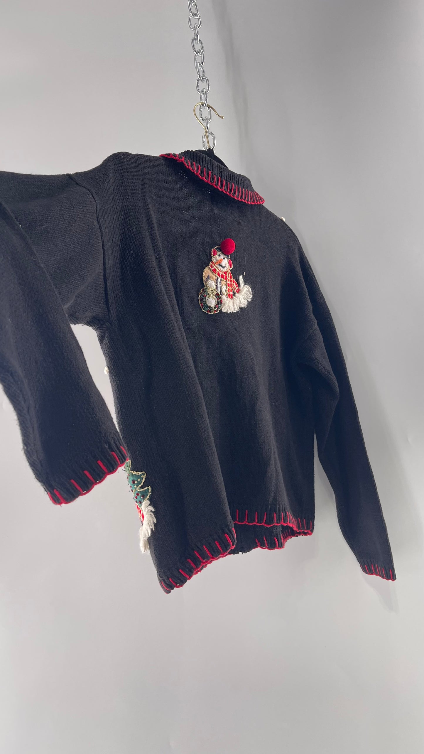 Vintage Reworked Urban Outfitters Heirloom Christmas Cardigan with Festive Snowmen Embroidery, Snowflakes, Christmas Tree and PomPom Zipper Detail (S)