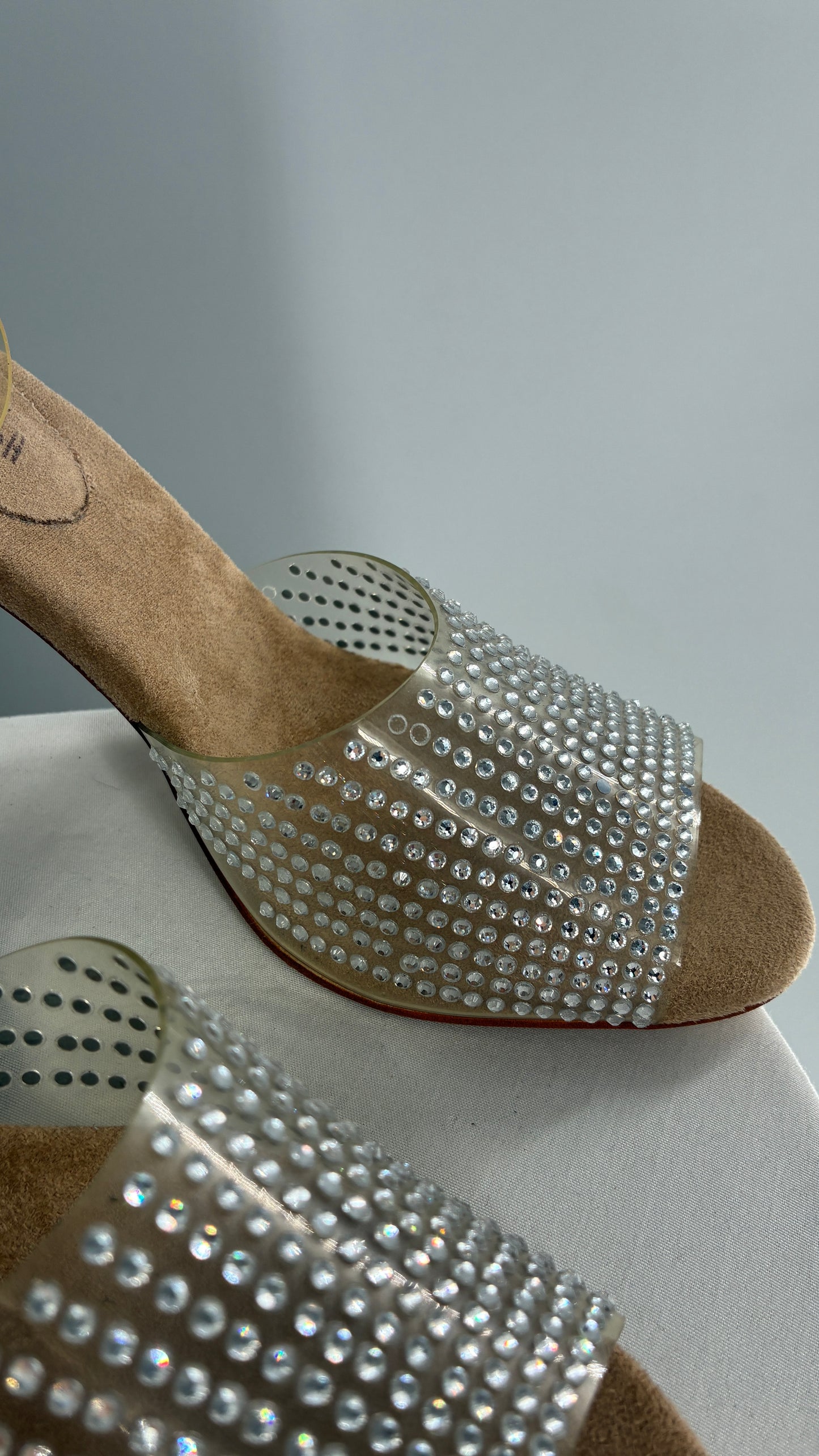 JEFFREY CAMPBELL Lucite Heel Suede Sole, Clear Strap Rhinestone Heel (8)