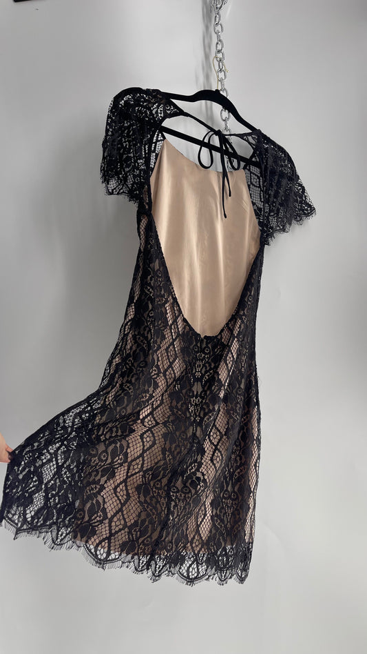 Backless Black and Nude Lace Mini Dress (S)
