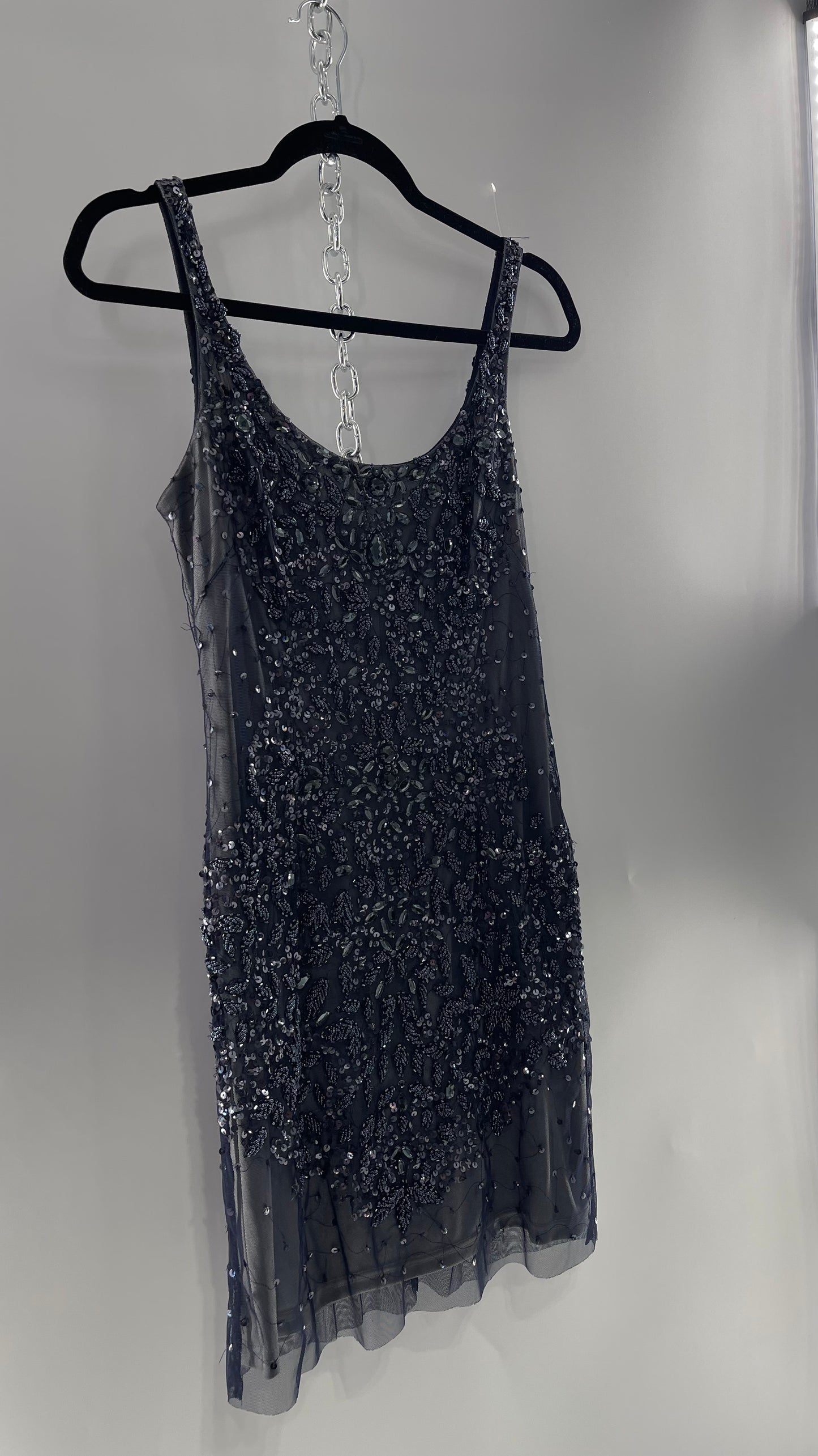 Vintage Cache Moonlight Grey/Navy Blue Tunic Mini Dress with Accentuating Placement of Beads, Sequins and Embroidery Details (2)