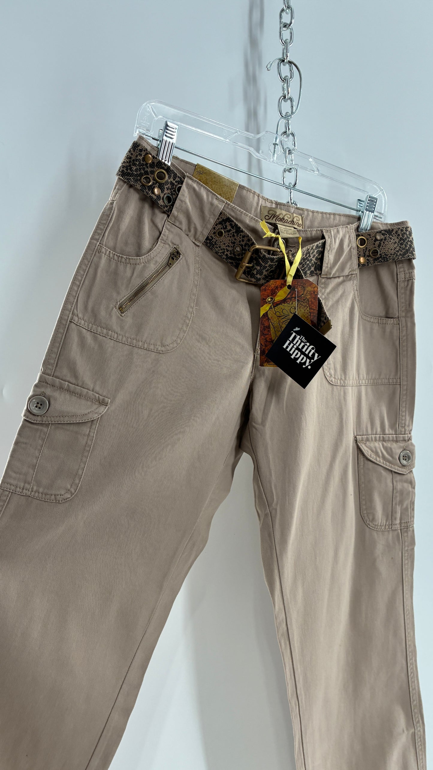 Deadstock Vintage MOKACHINO Tan Low Rise Cargos with Grommet Belt and Zipper Details (4,10)