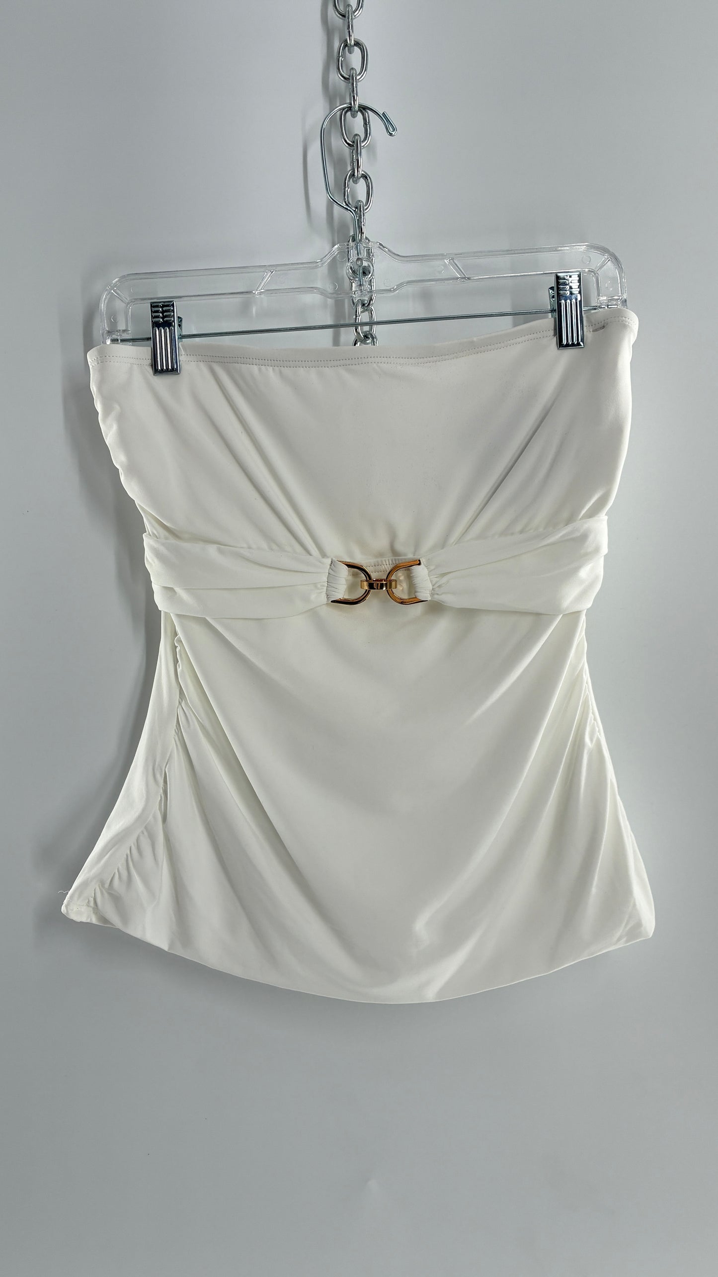Michael Kors White Tube Top with Gold Underbust Chain Detail and Underwire Bra (Large)