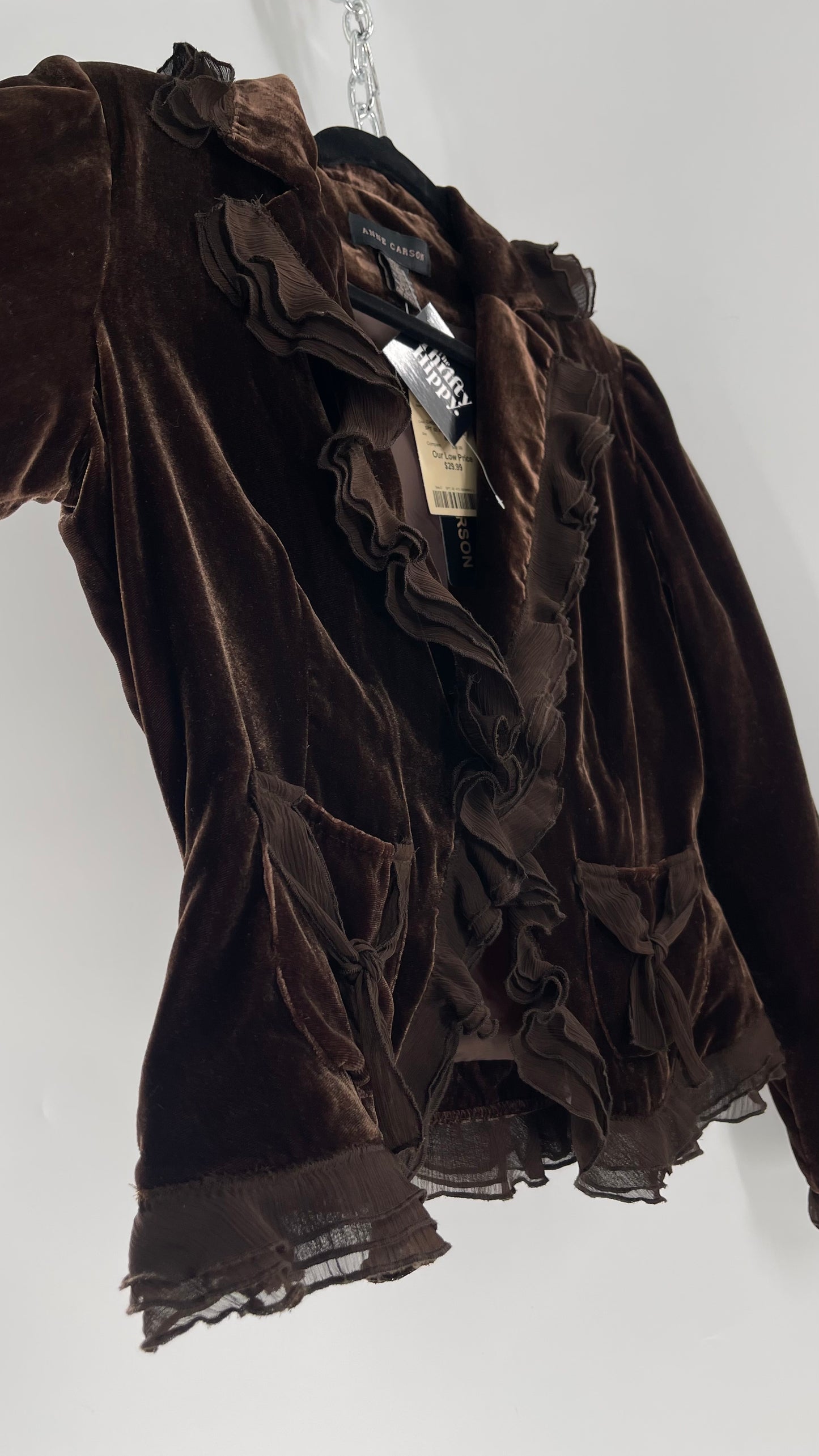 Deadstock Vintage Brown Velvet Anne Carson Blazer with Delicate Crepe Ruffled Hem and Bow Pockets (Medium)