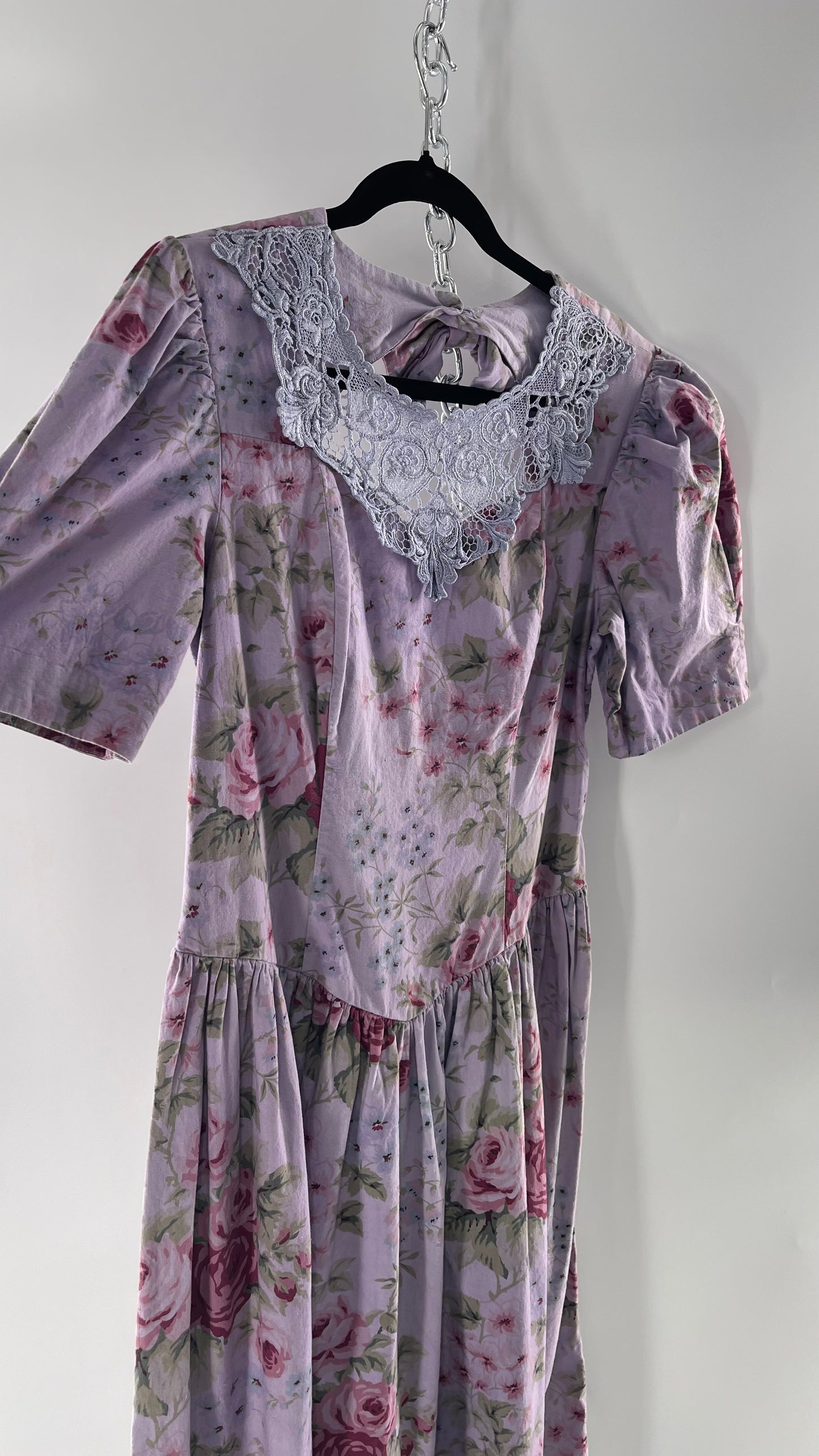 Vintage Urban Renewal Reworked and Upcycled Misty Lane Lilac/Lavender Floral Fit/Flare Dress with Sweetheart Neckline, Lace Detail and Bow Adorned Open Back (11/12)