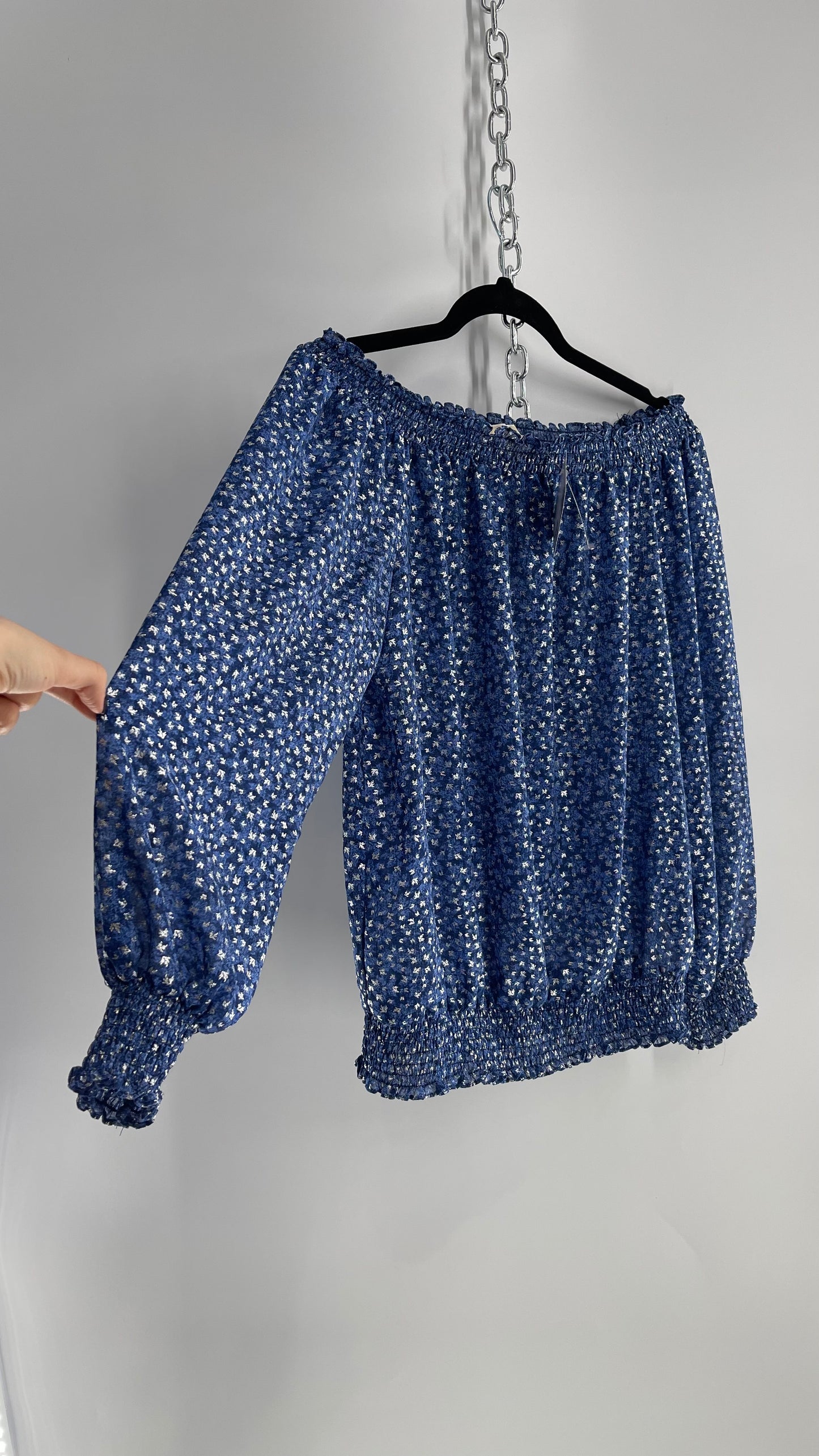 Michael Kors Blue and Silver Off the Shoulder Bubble Sleeve Smocked Blouse (Medium)