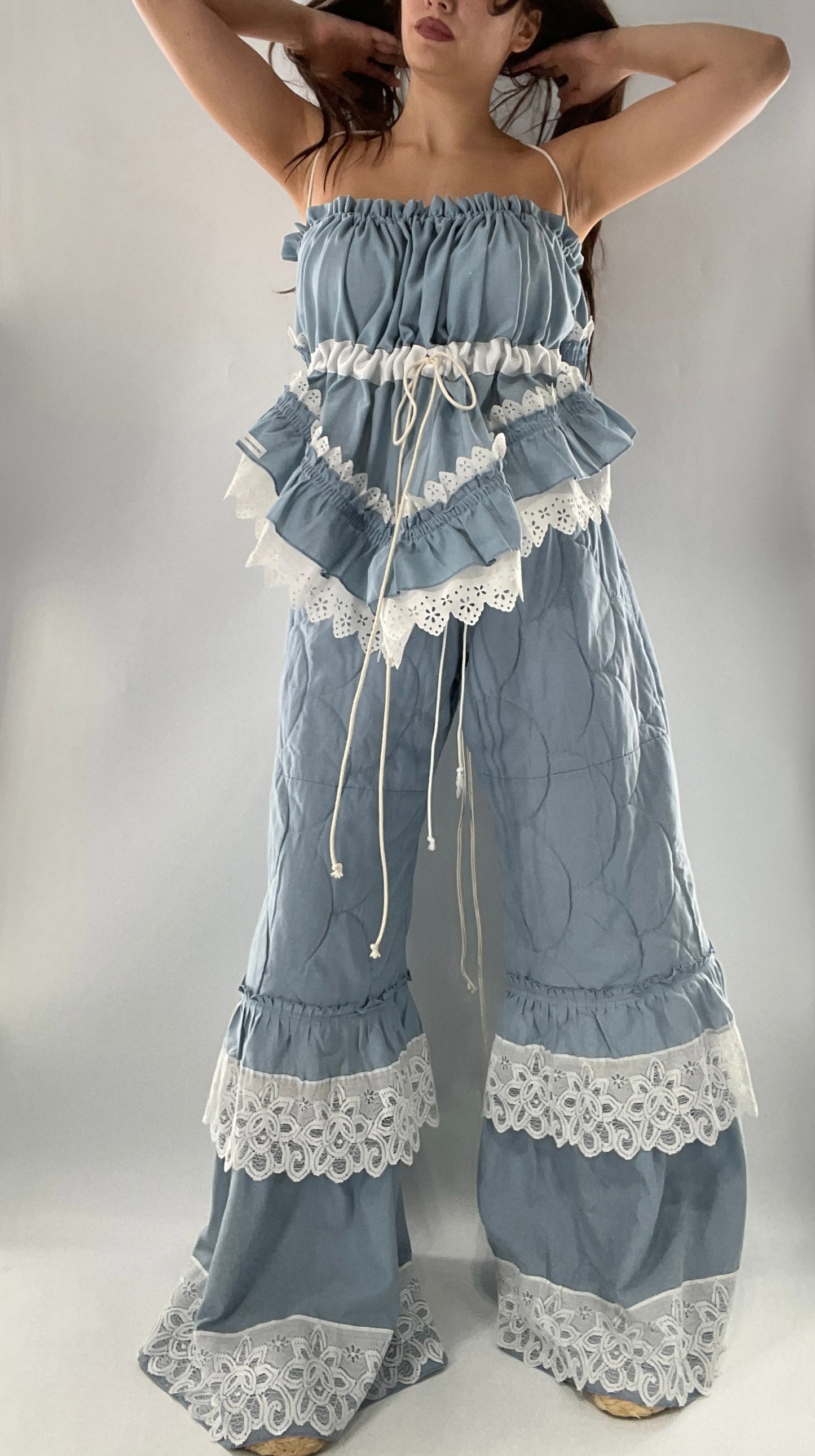 Vintage 2 Piece Powder Blue Set Featuring 2Way Blouse and Quilted Trousers Covered in Ruffles, Lace and Trim (One Size)