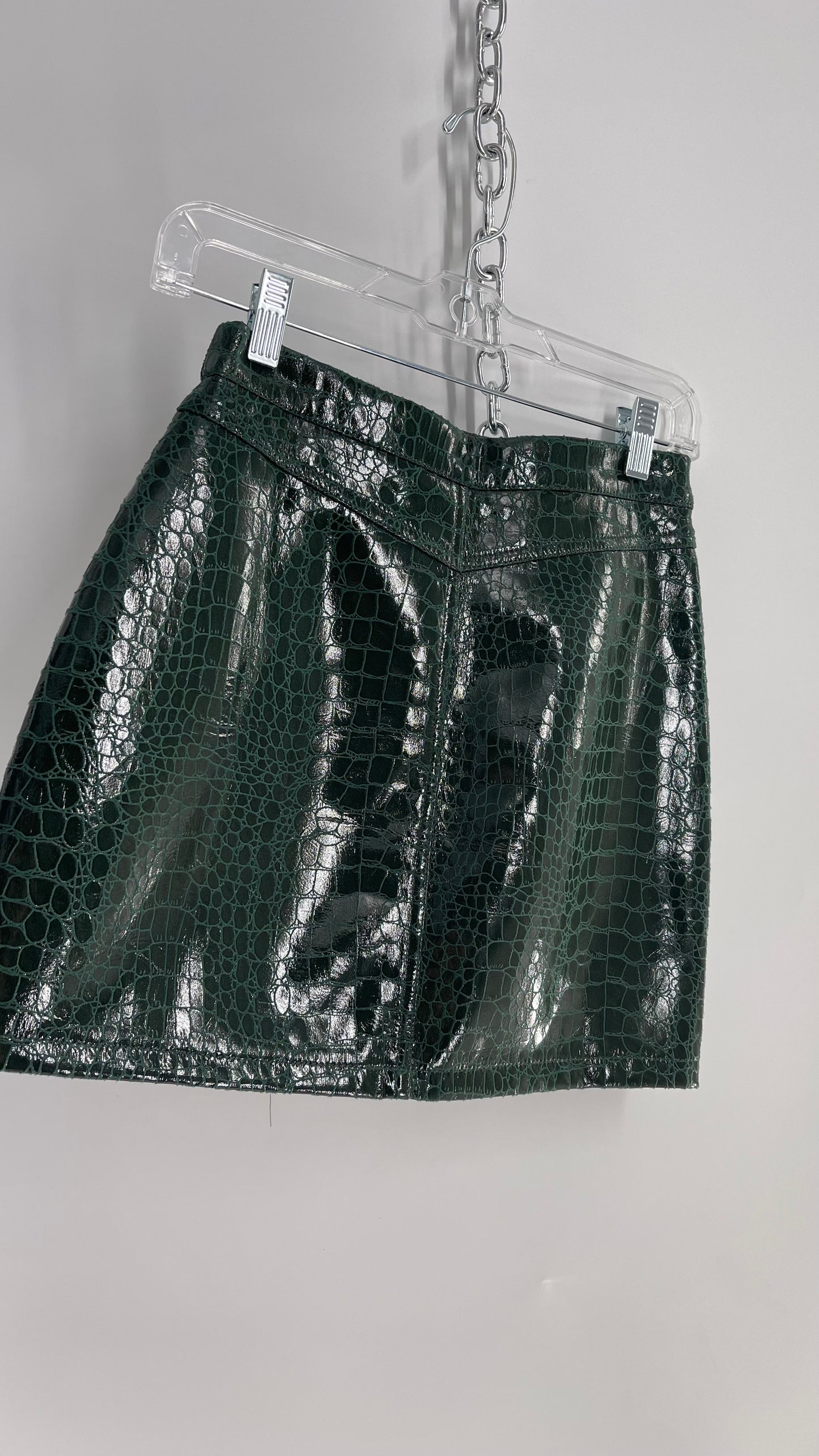 idem ditto Emerald Green Snake Embossed Vegan Patent Leather Mini Skirt with Tags Attached (Small)