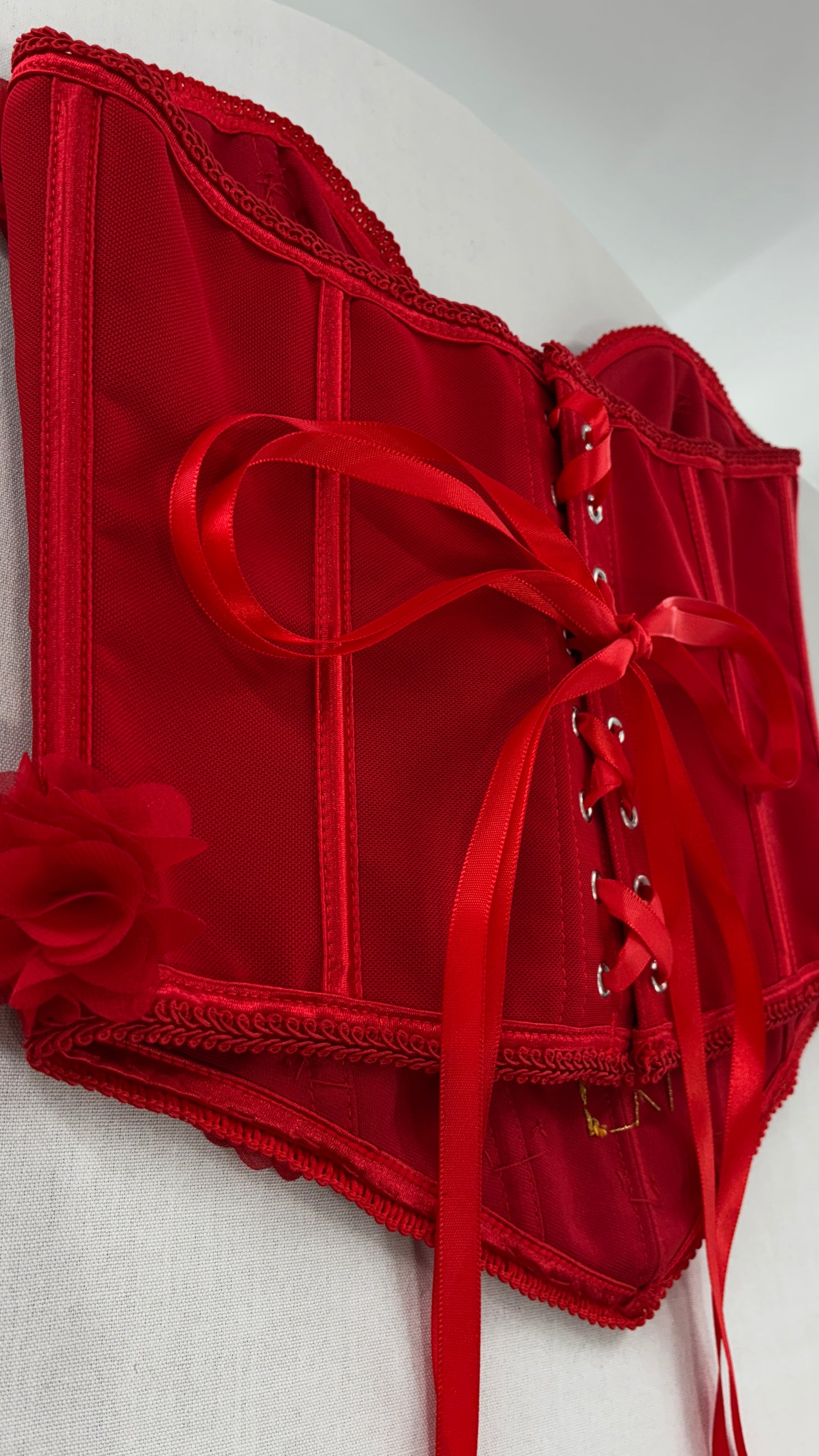 Red Handmade Corset with Rosette Appliqués and Sequin Heart Design (Small)