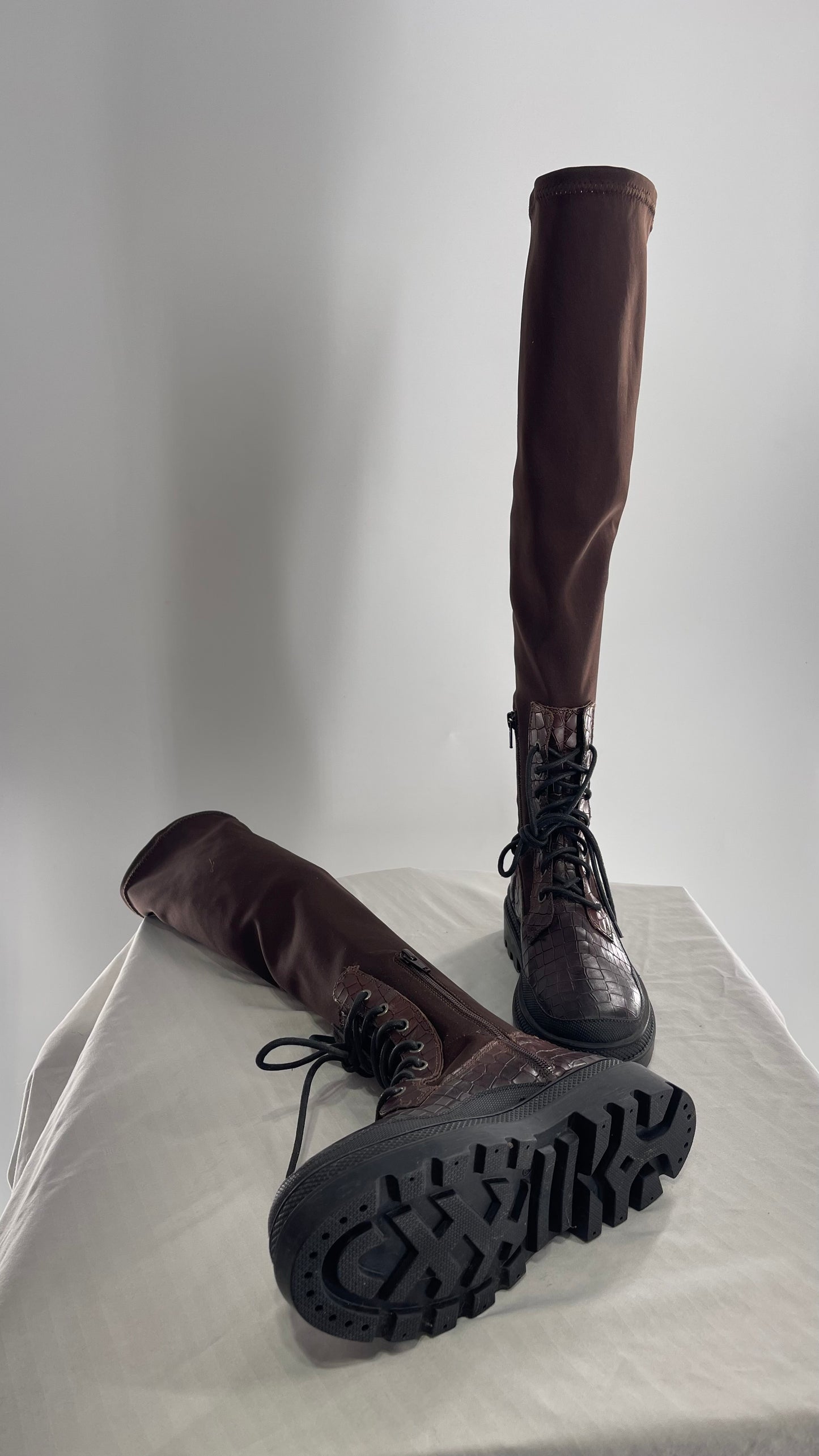 Free People Dark Brown Riding Style Embossed Knee High Platform Boots (37)